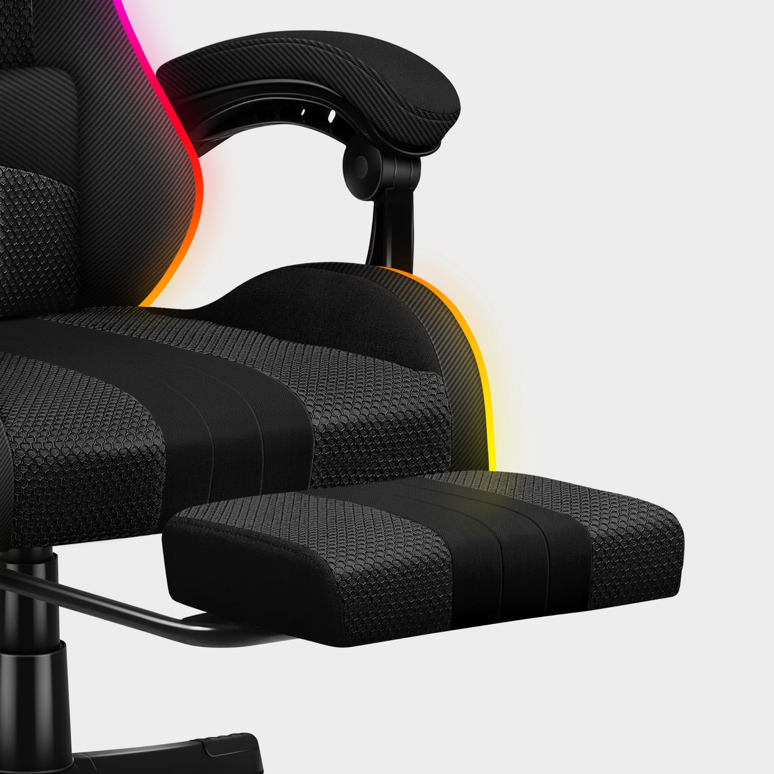 Bucket gaming chair HUZARO black RGB LED swivel with footrest Furniture height 123 cm
