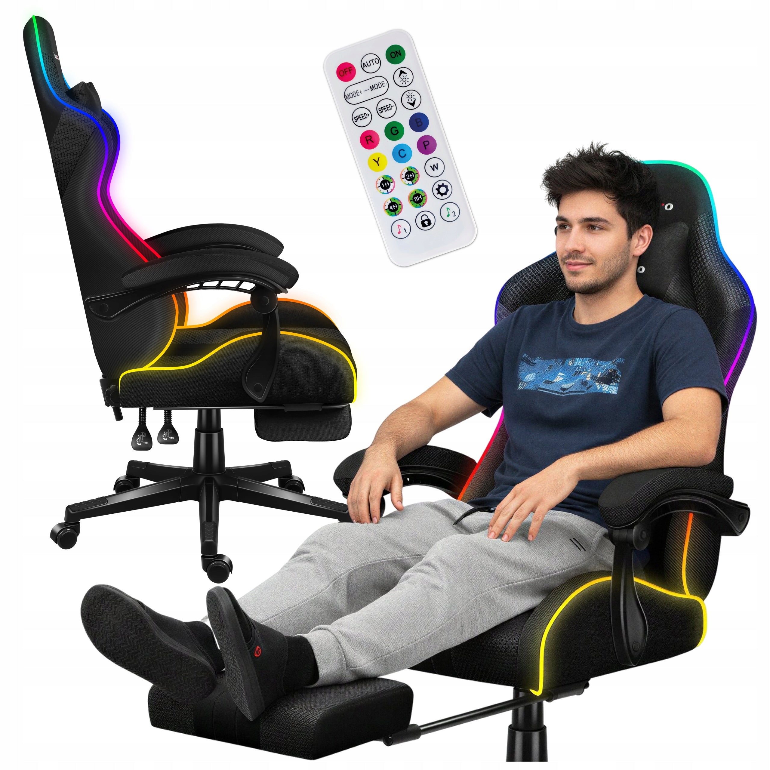 Bucket gaming chair HUZARO black RGB LED swivel with footrest