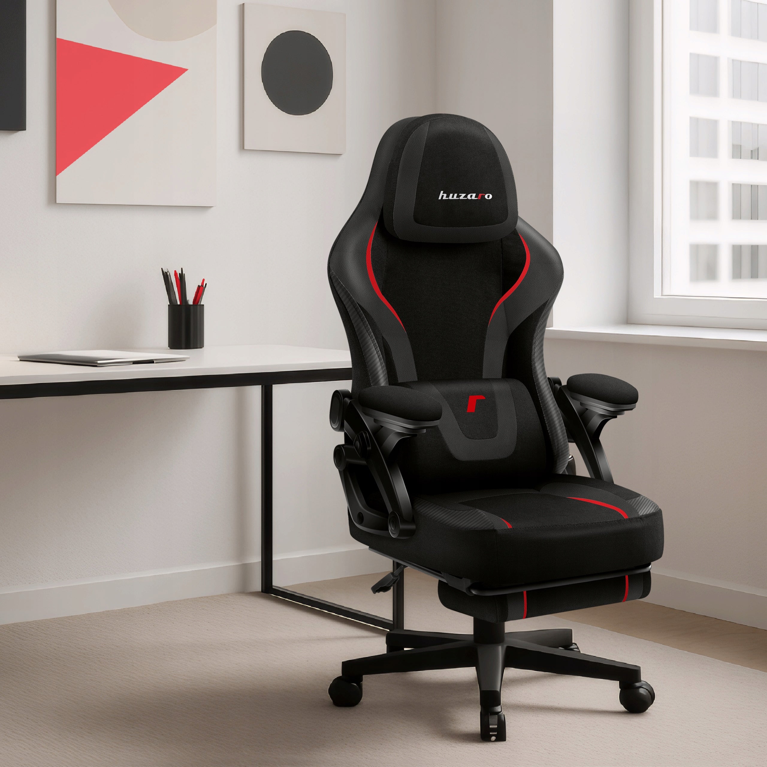 Bucket gaming chair HUZARO black and red swivel with footrest Packaging status original