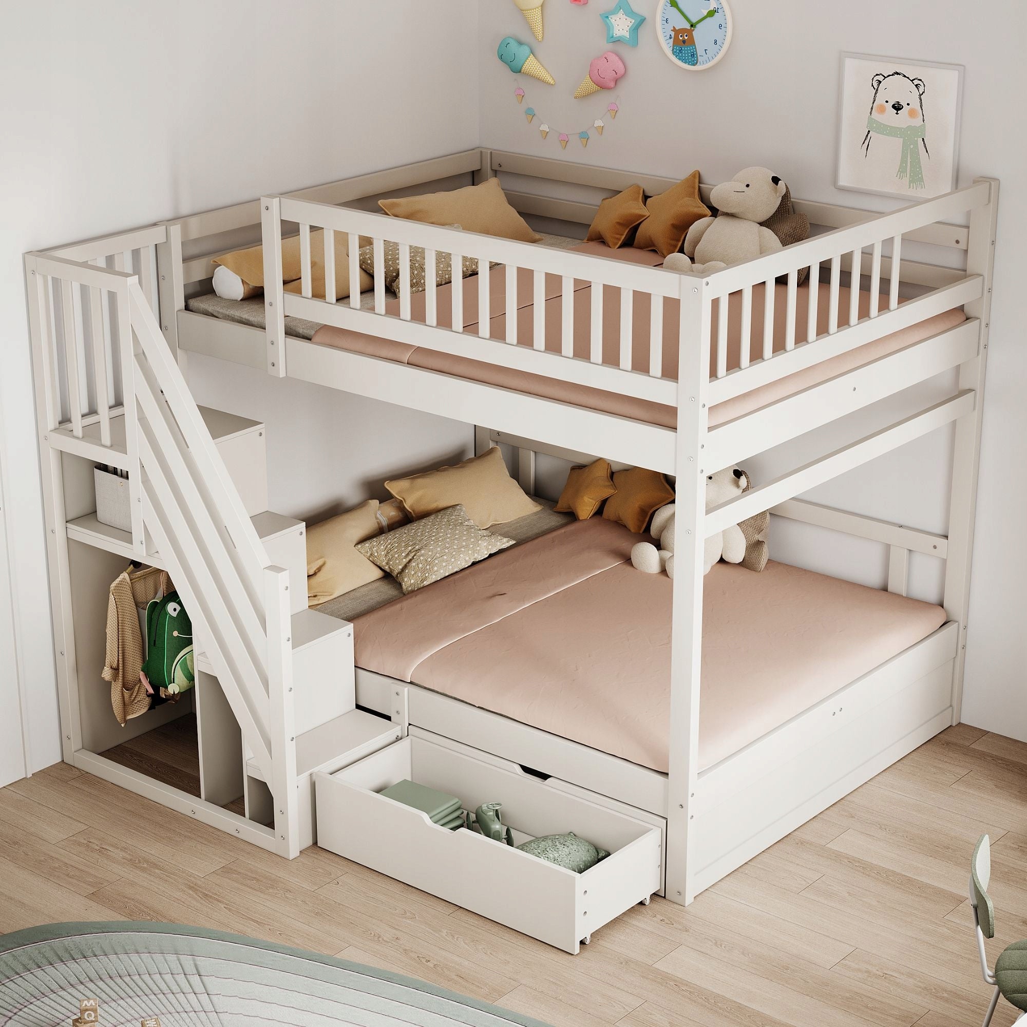 Bunk Bed 140*200 Children's Barriers Drawers Ladder Wood White