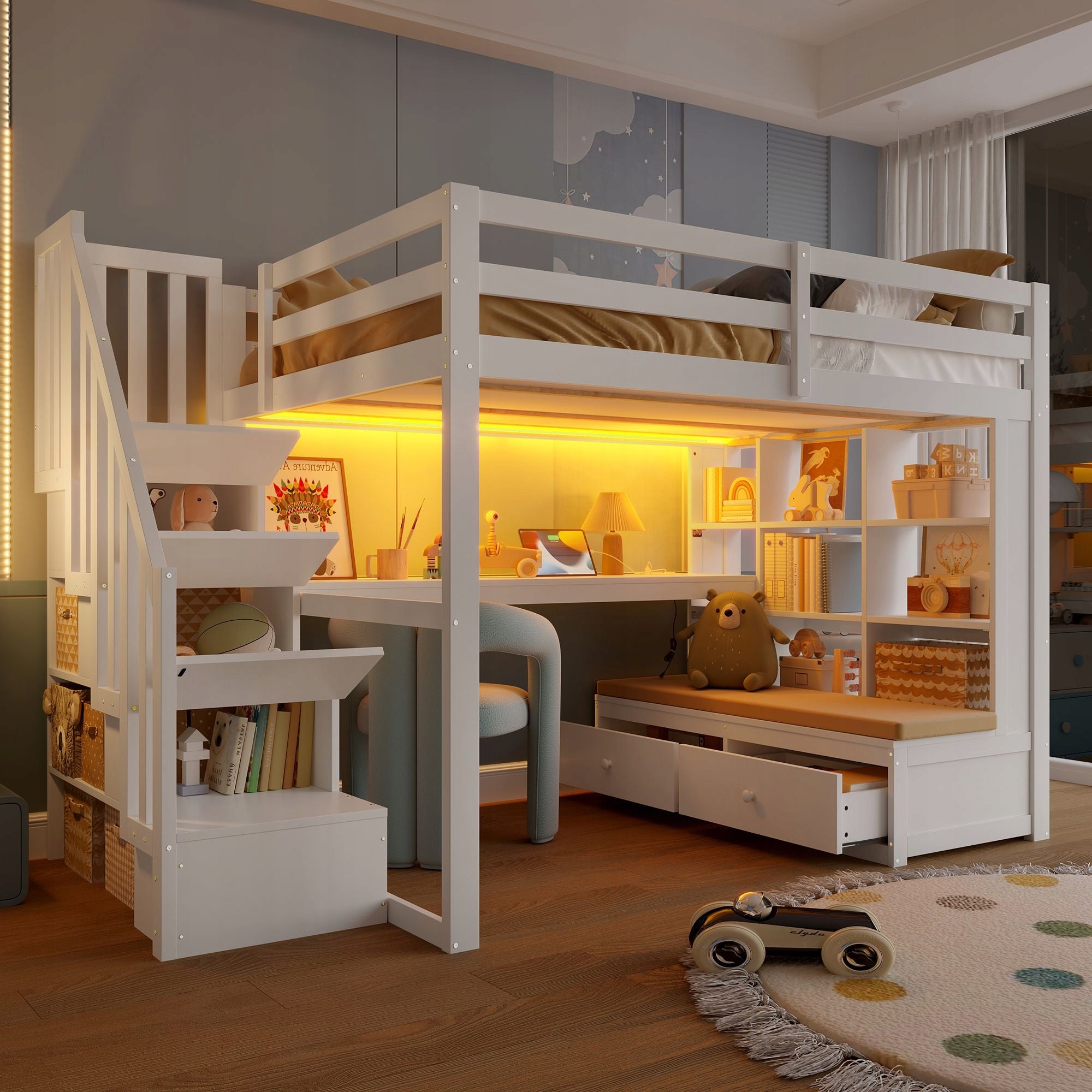 Bunk Bed Children's LED Bed 140X200CM Desk Shelf Drawer White