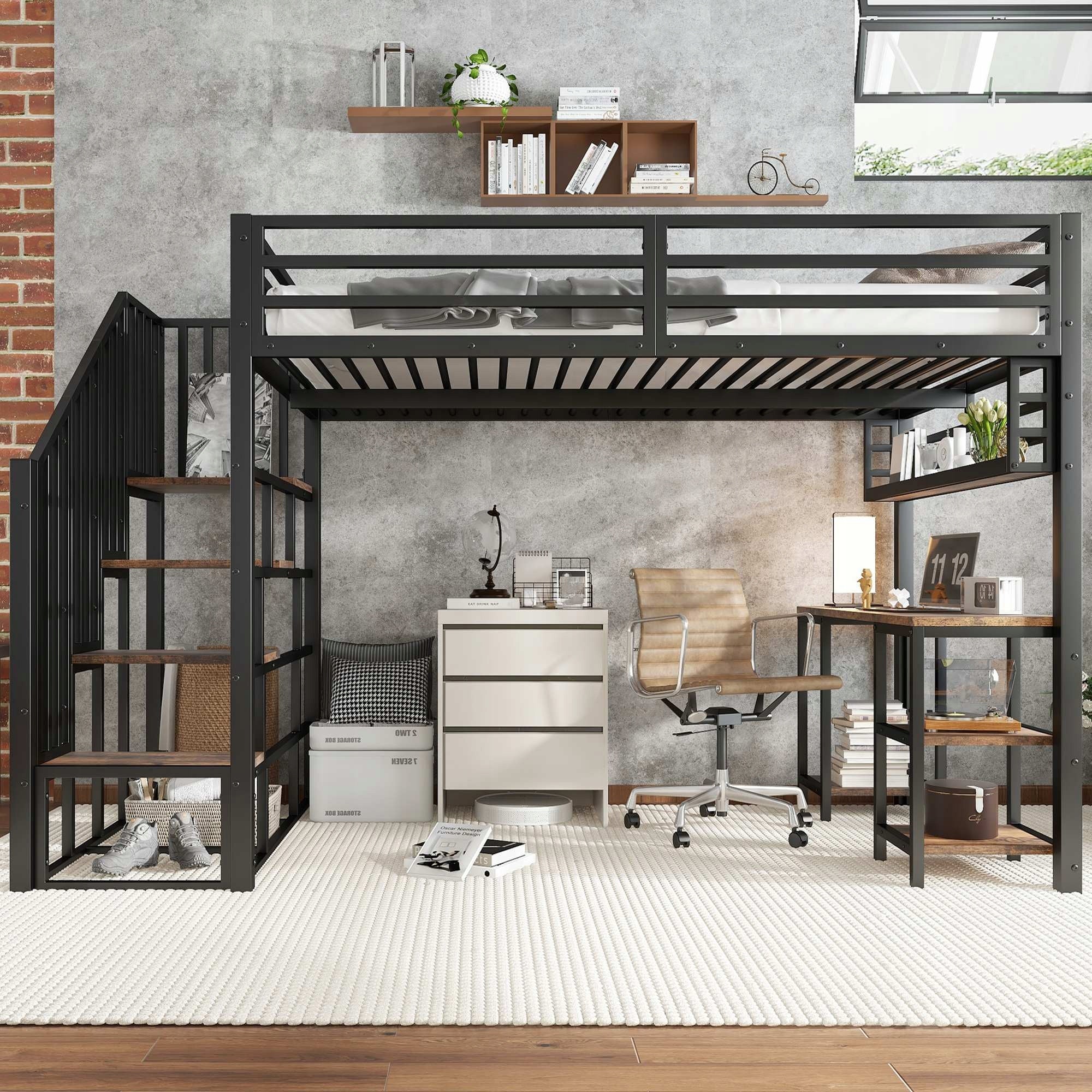 Bunk bed 120x200 black staircase desk shelves roomy iron frame Brand Arhatreya