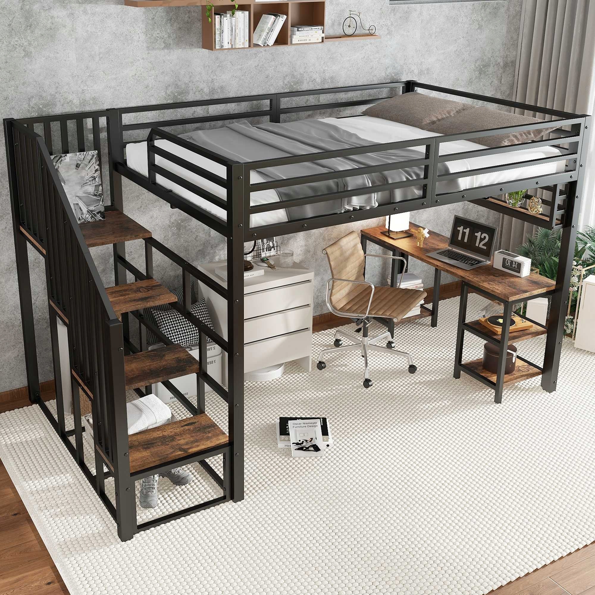 Bunk bed 120x200 black staircase desk shelves roomy iron frame