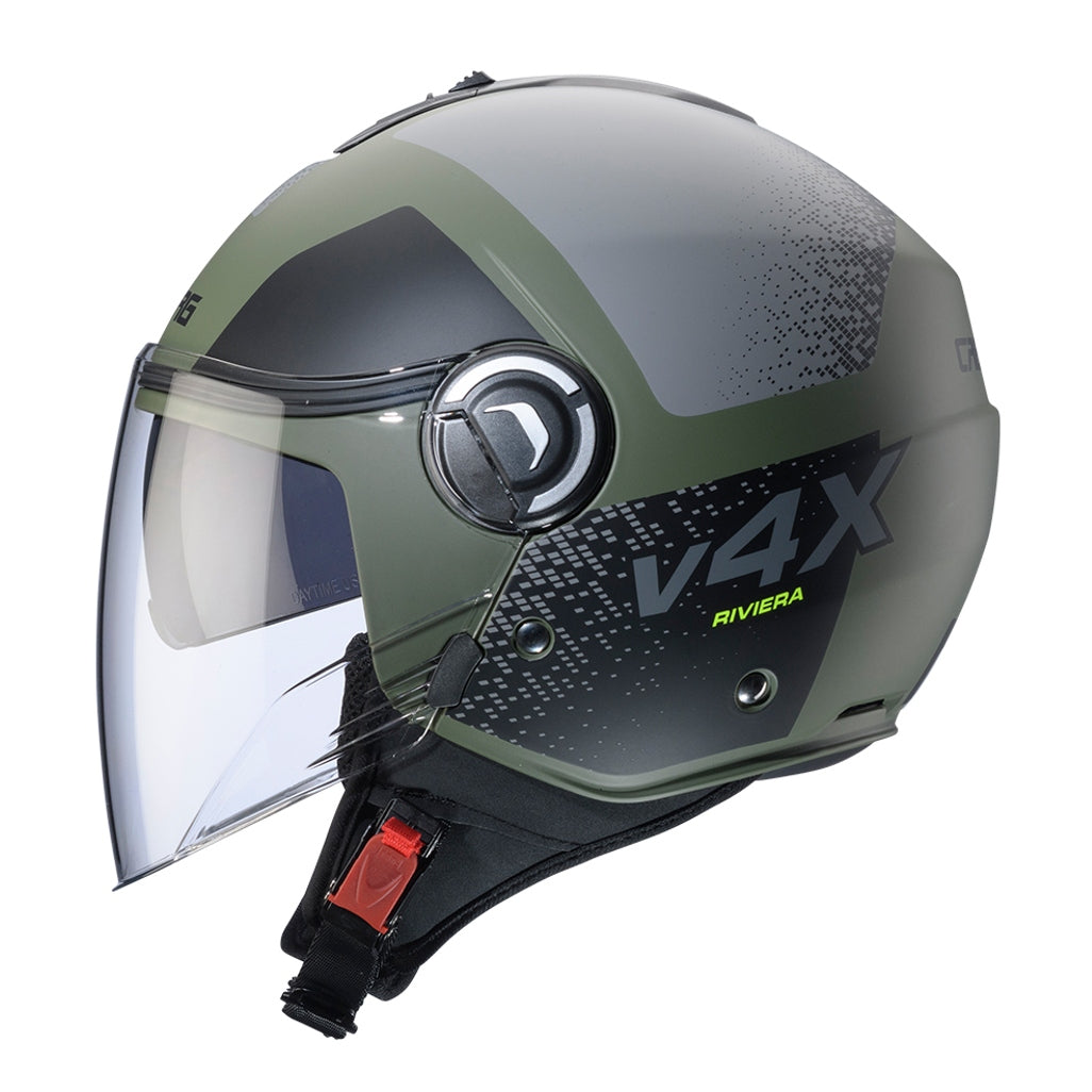 CABERG MOTORCYCLE HELMET OPEN JET RIVIERA V4X ALPHA GREEN BLACK GREY MAT Packaging status original