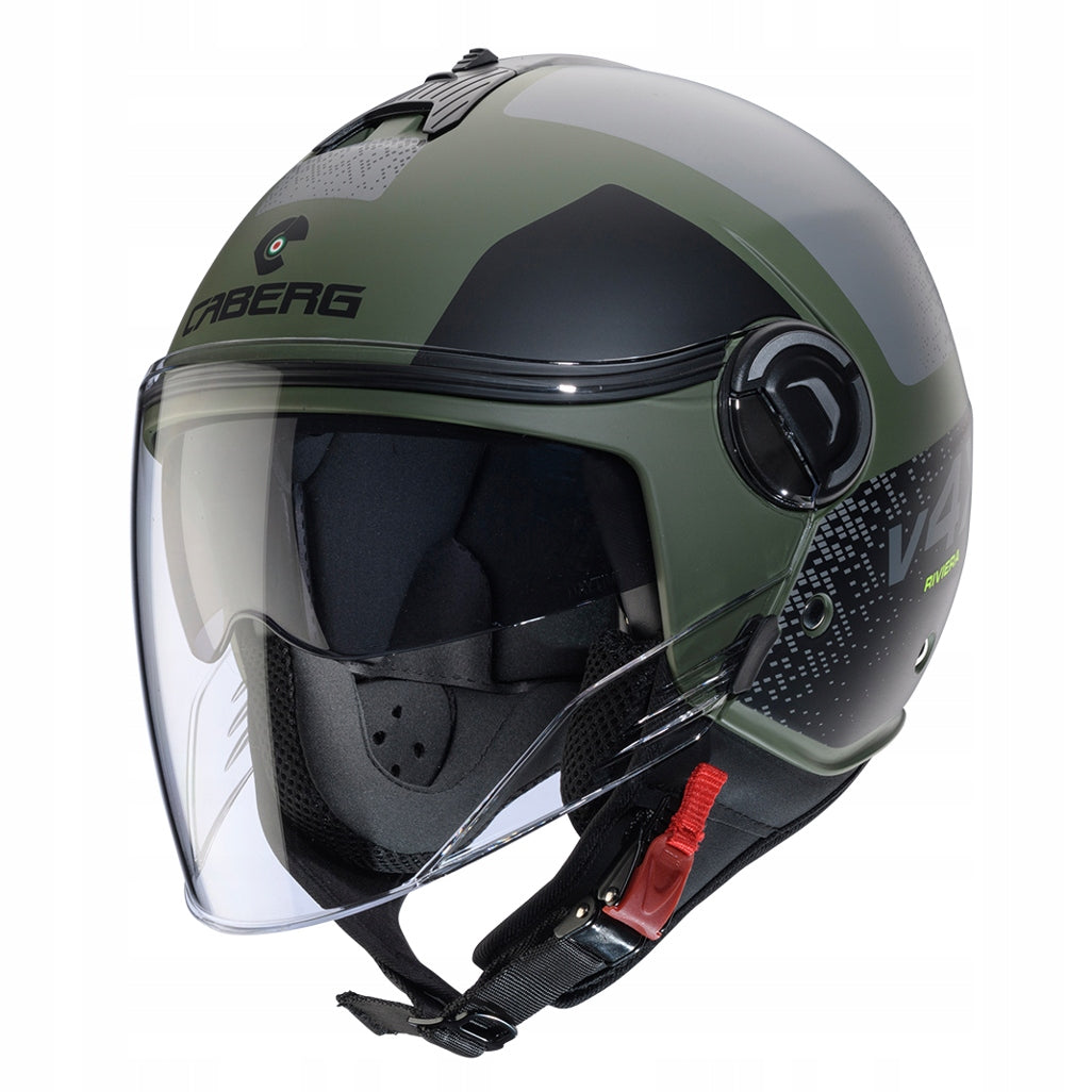 CABERG MOTORCYCLE HELMET OPEN JET RIVIERA V4X ALPHA GREEN BLACK GREY MAT