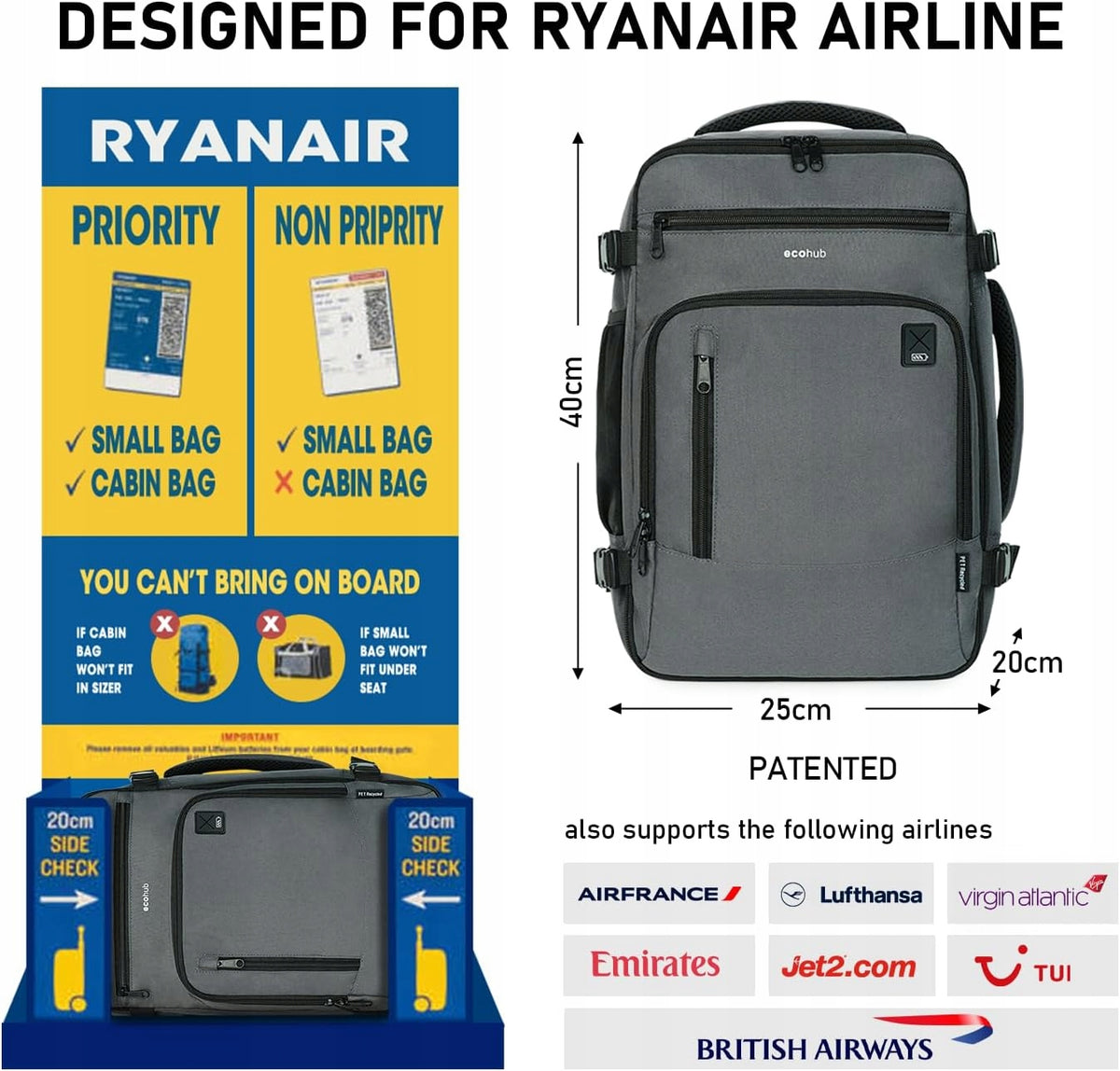 CABIN TRAVEL BACKPACK RYANAIR Ecohub EXPANDER 40X20X25cm 20L GREY Brand Kono