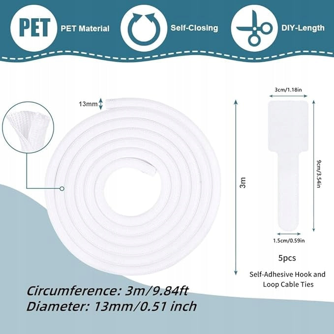 CABLE COVER BRAIDED SELF-WINDING ANTI-BITE 5 BANDS WHITE TV PC VIDEO Packaging status original