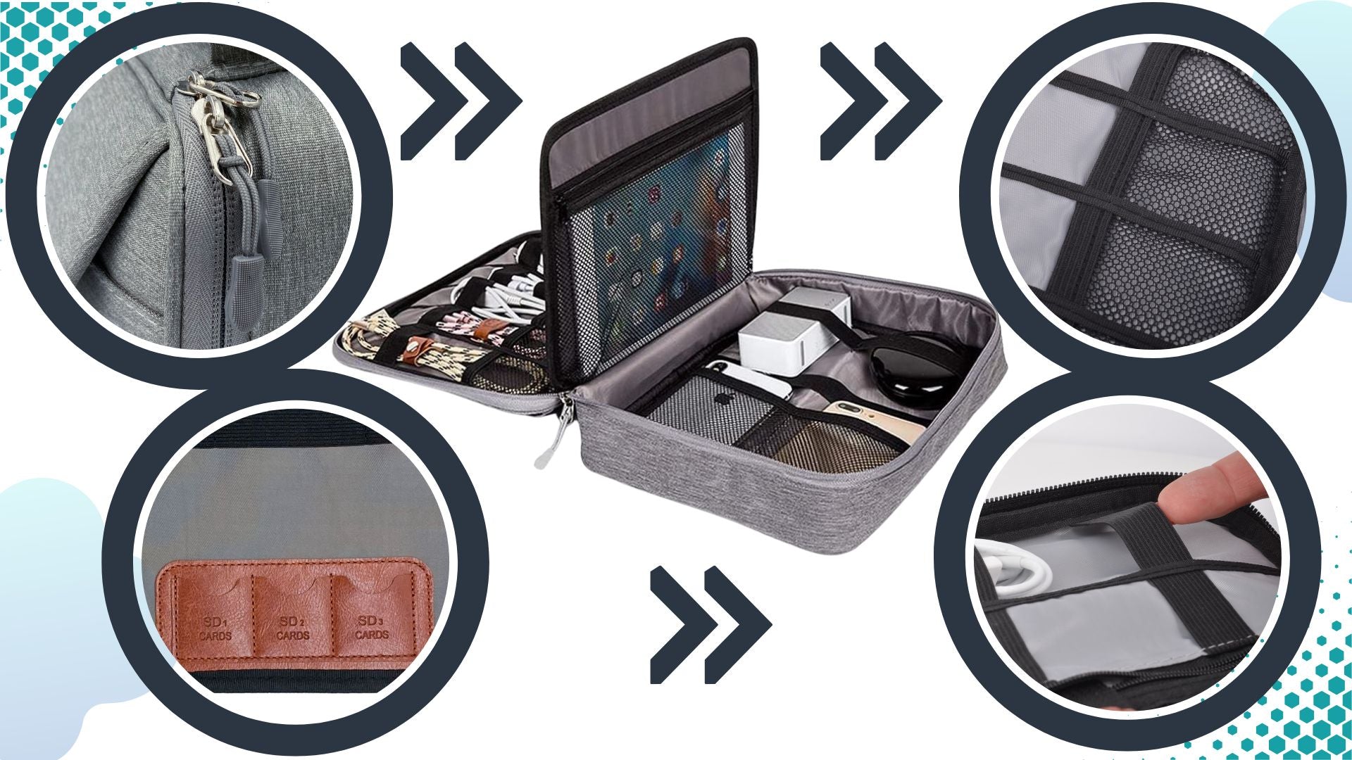 CABLE ORGANIZER CHARGER BAG ACCESSORIES CASE MULTIPLE COMPARTMENTS ZIPPER Color black