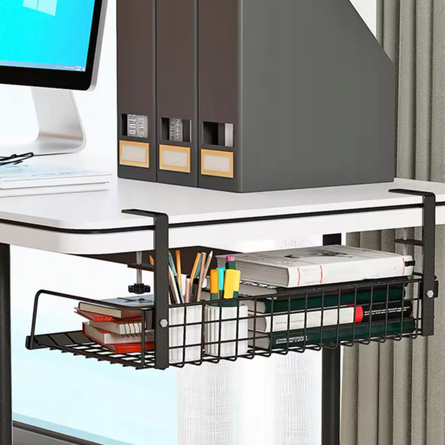 CABLE ORGANIZER SHELF UNDER THE DESK GRILLE HOLDER METAL HANGER Color black