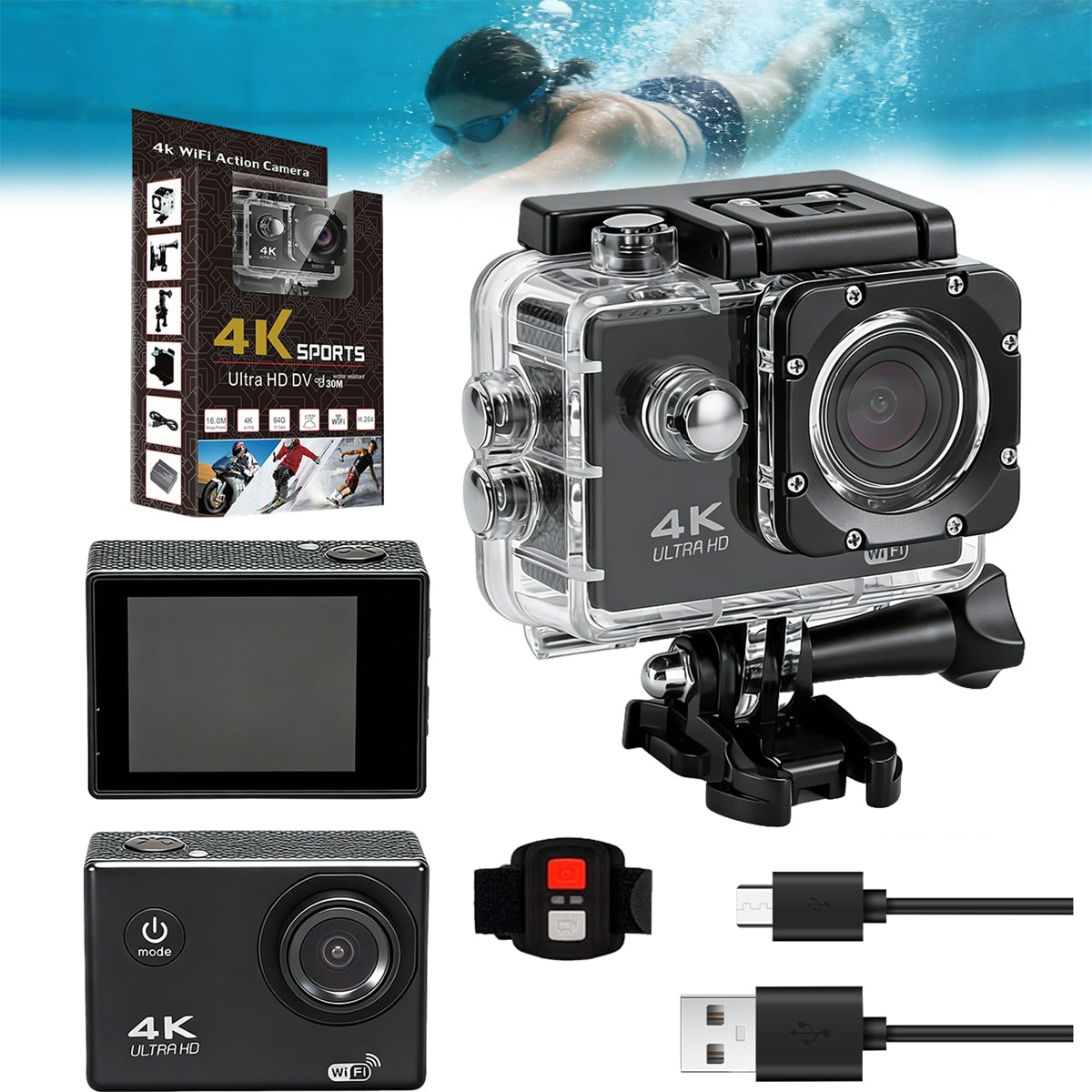 CAMERA 4K UHD SPORTS WIFI WATERPROOF BLACK 30M +ACCESSORIES SET
