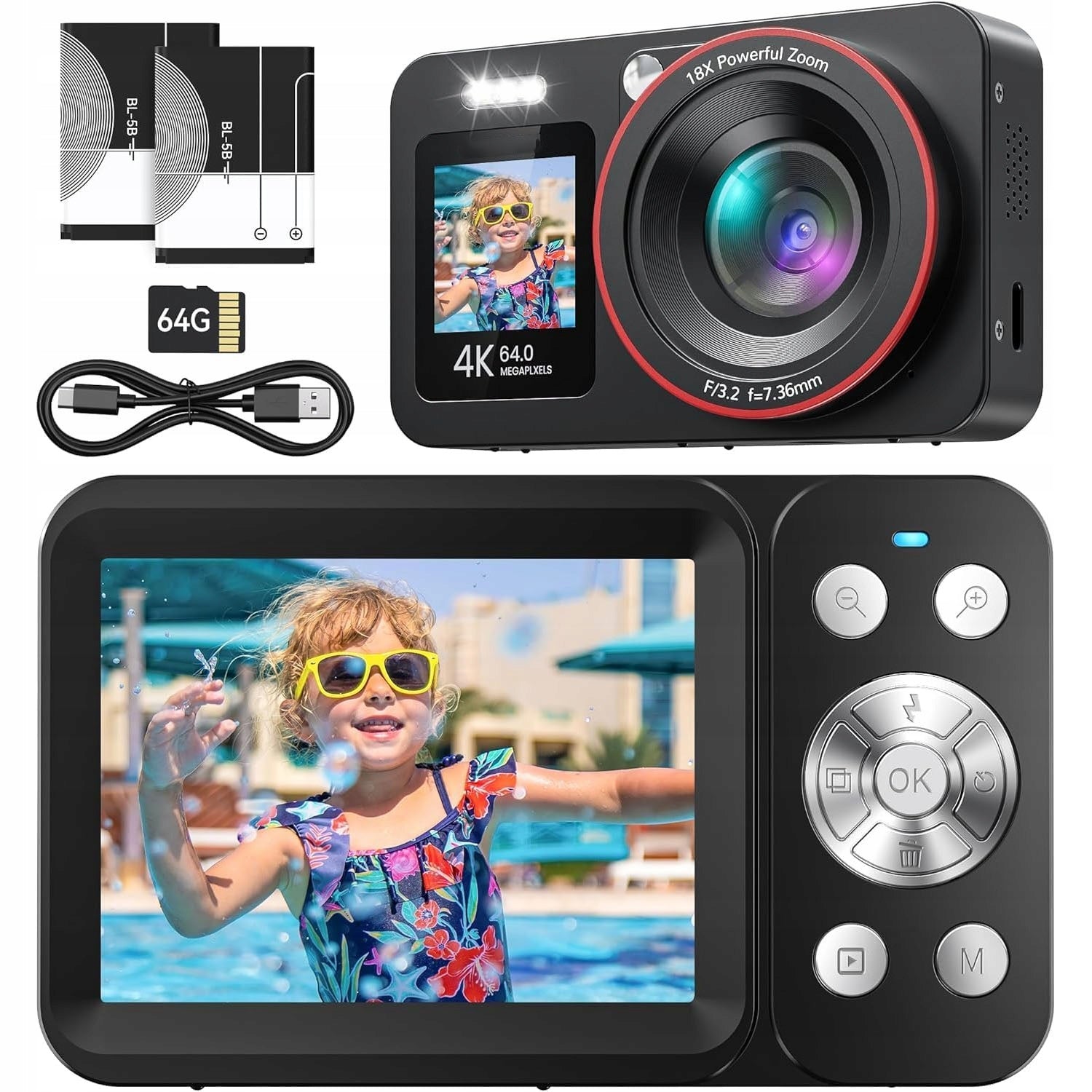 CAMERA CHILDREN SELFIE 18X 64MPX MEMORY CARD 64GB +2 BATTERY