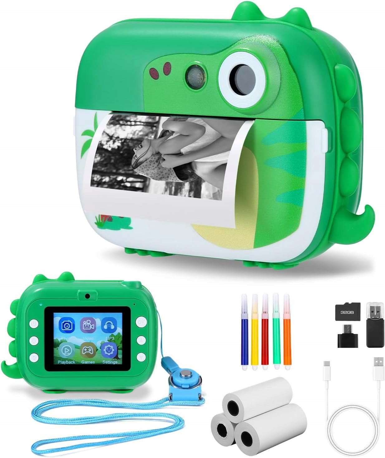CAMERA FOR CHILDREN INSTANT DINOSAUR SET PAPER SD 32GB FOR GIFT