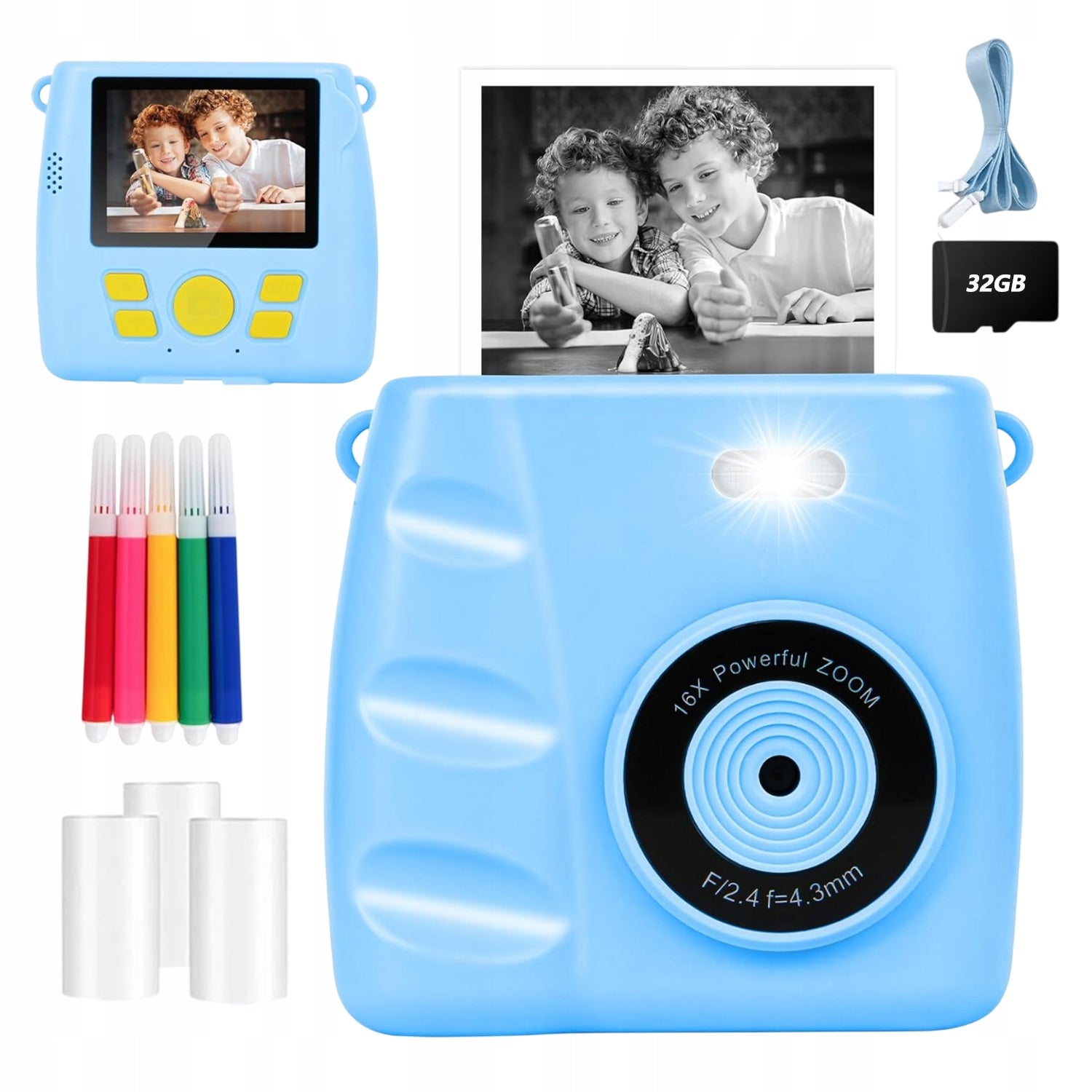 CAMERA FOR CHILDREN WITH INSTANT PRINTING FUNCTION AND THREE ROLLS OF PAPER