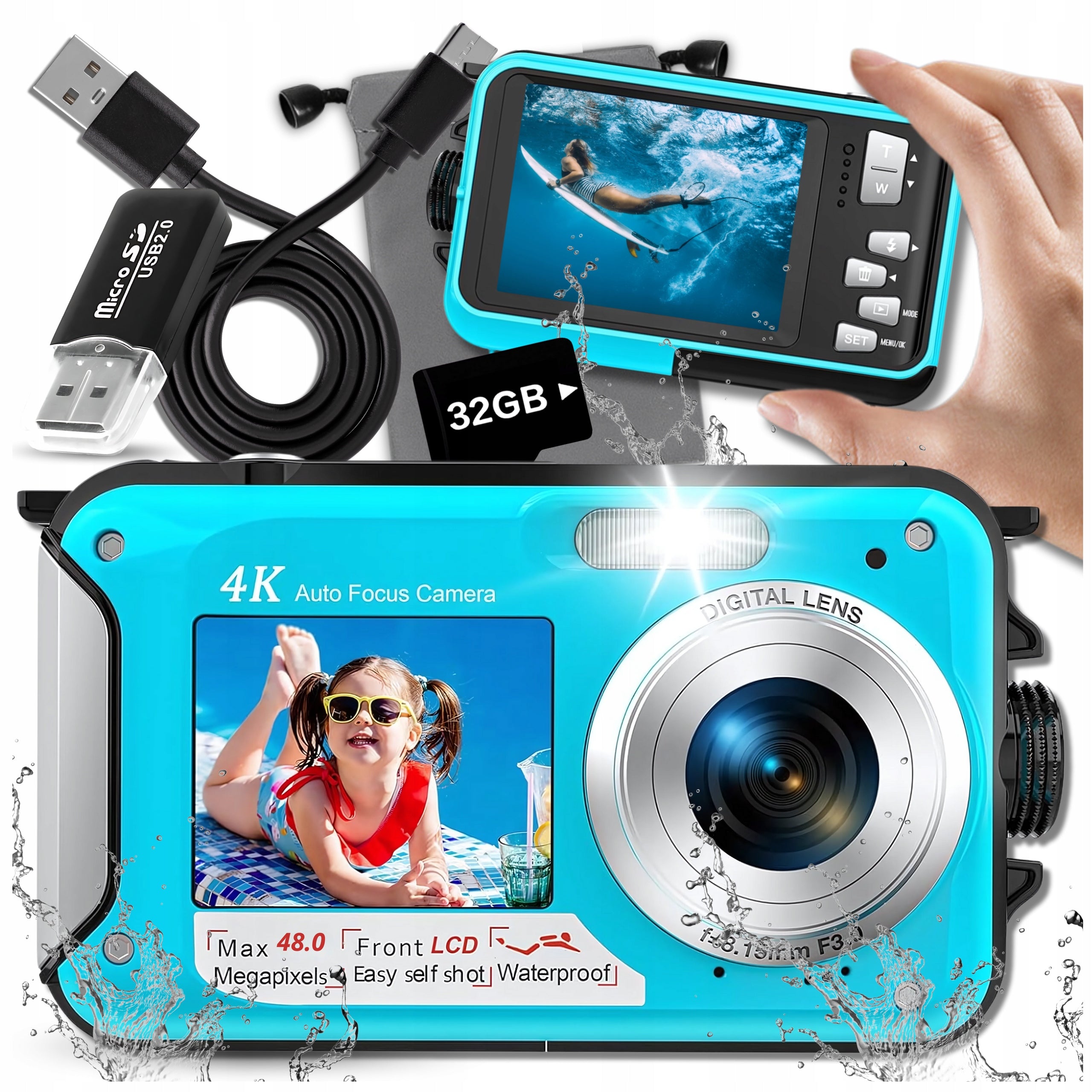 CAMERA WATERPROOF UNDERWATER DIGITAL PHOTO 48Mpx 16x ZOOM CARD 32GB