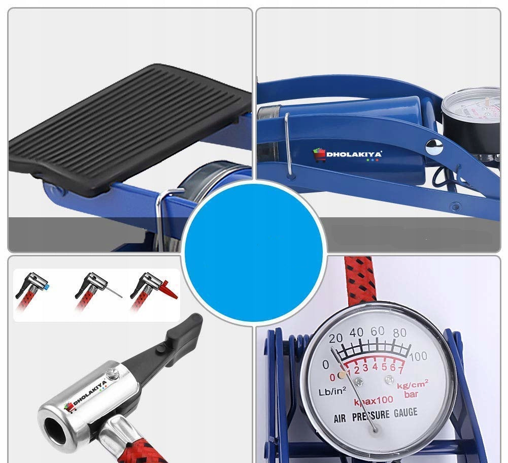 CAR BICYCLE PUMP FOOT PISTON PRESSURE GAUGE FLOOR + TIPS Kind foot