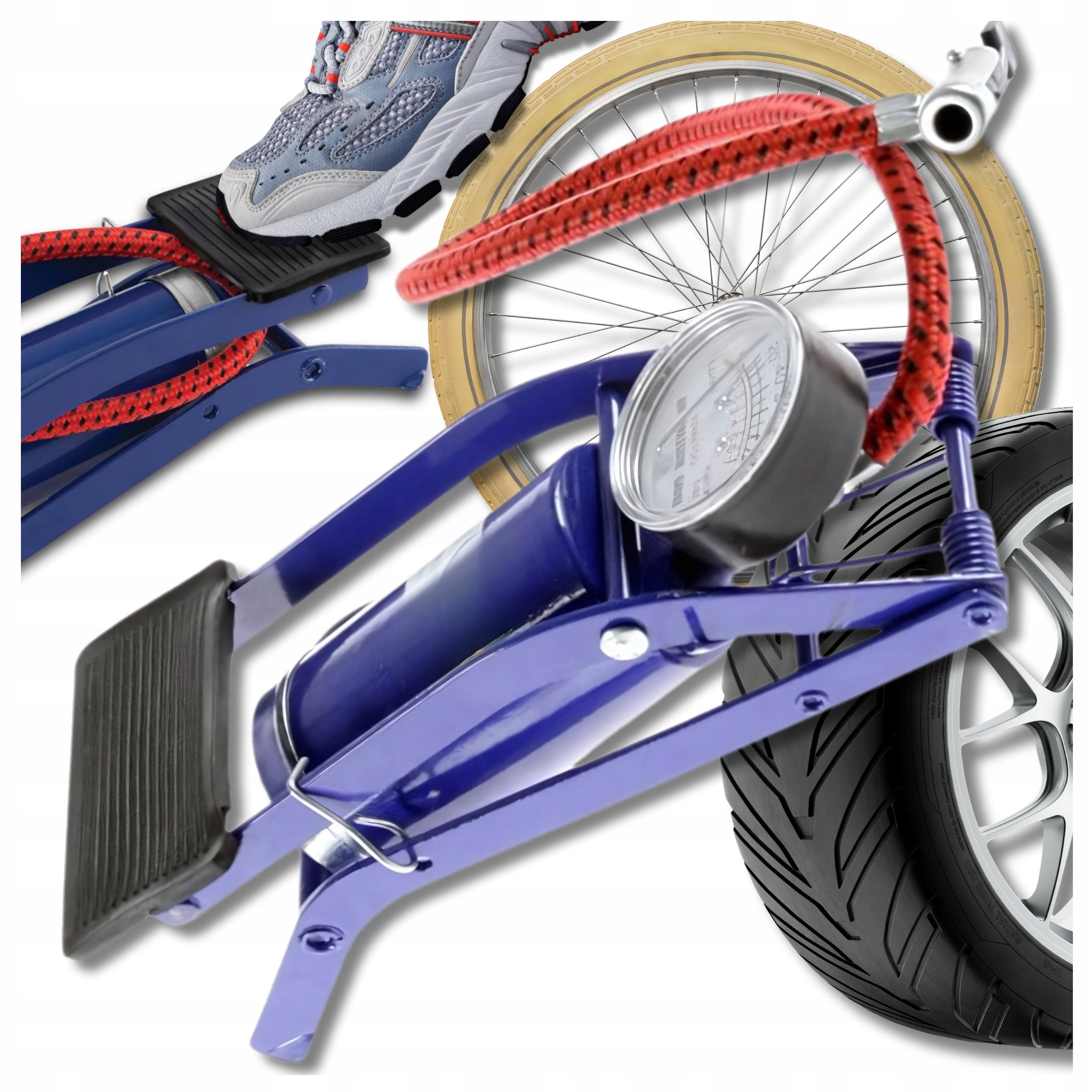 CAR BICYCLE PUMP FOOT PISTON PRESSURE GAUGE FLOOR + TIPS
