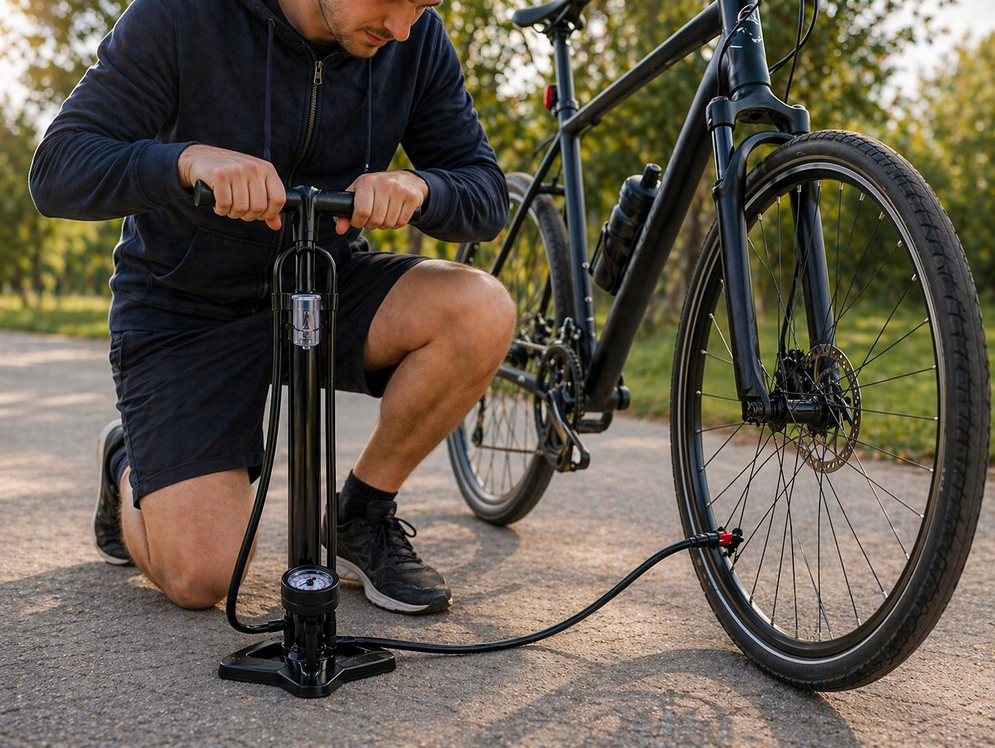 CAR BICYCLE PUMP WITH MANUAL FLOOR PRESSURE GAUGE + 32 ADAPTERS Kind floor