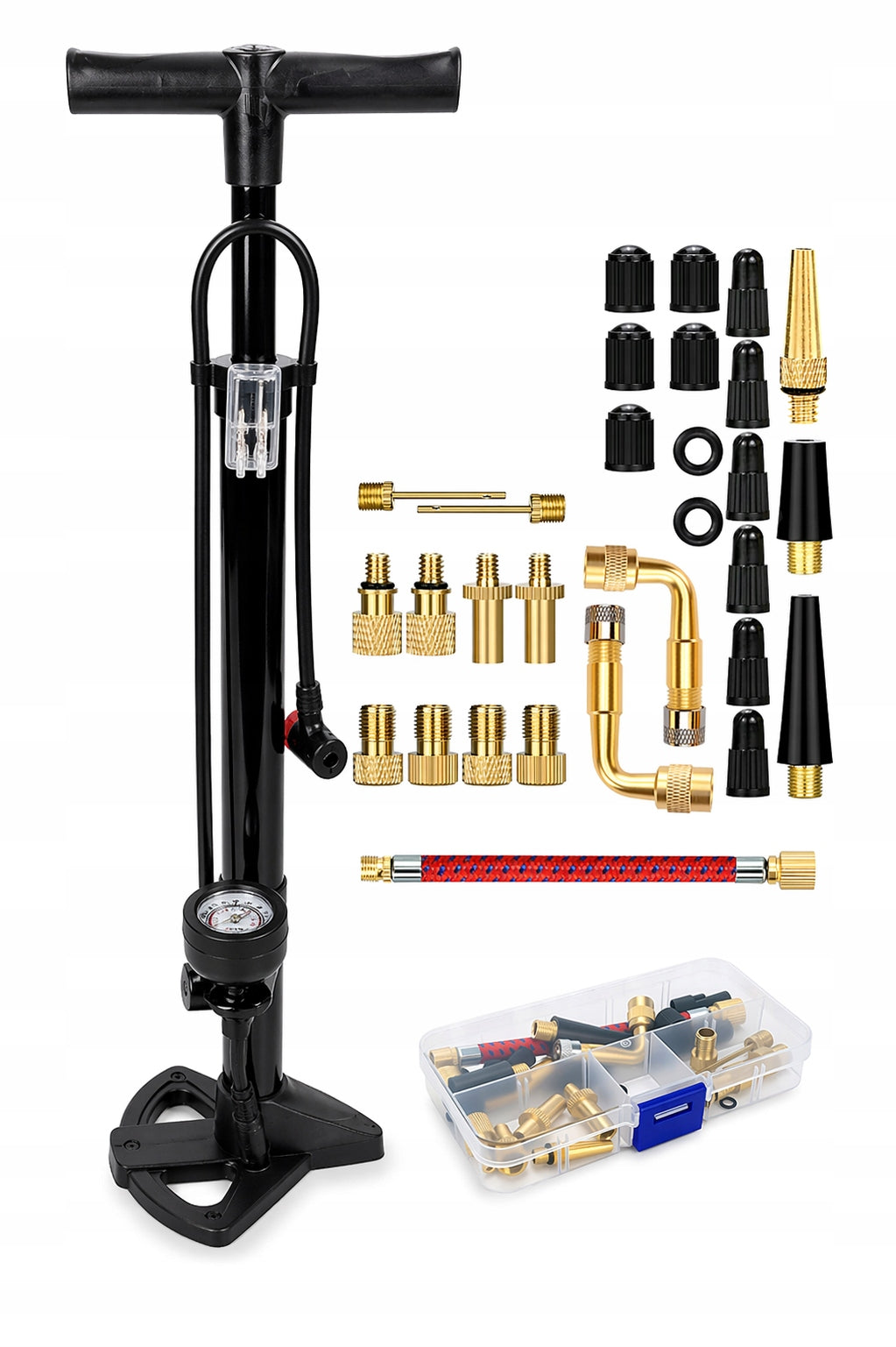 CAR BICYCLE PUMP WITH MANUAL FLOOR PRESSURE GAUGE + 32 ADAPTERS Packaging status original