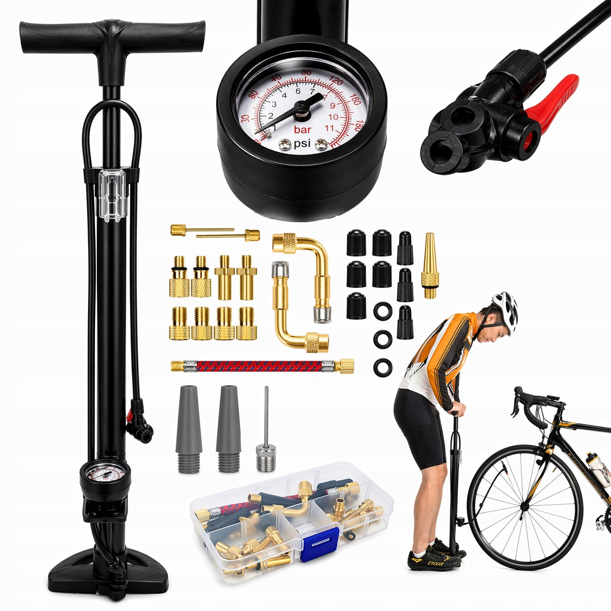 CAR BICYCLE PUMP WITH MANUAL FLOOR PRESSURE GAUGE + 32 ADAPTERS