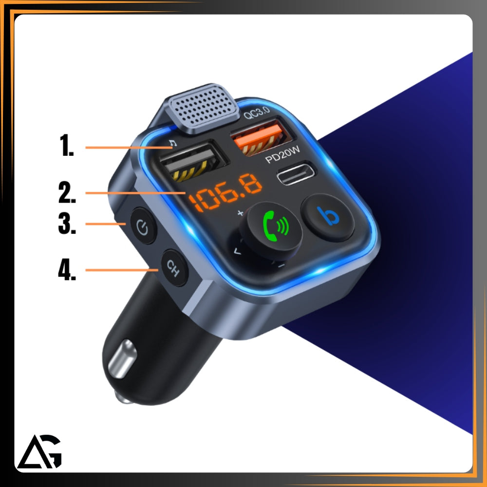 CAR BLUETOOTH TRANSMITTER FM 3.0A + 1.0A QC USB-C MP3 USB CHARGER Manufacturer code 3.0 PD ODBIORNIK DO SOMOCHODU ADAPTER AUDIO