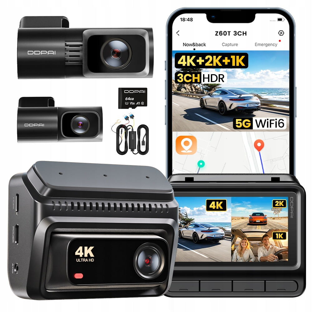 CAR CAMERA DDPAI Z60T 4K FRONT REAR INTERIOR + HARDWIRE KIT + 64GB