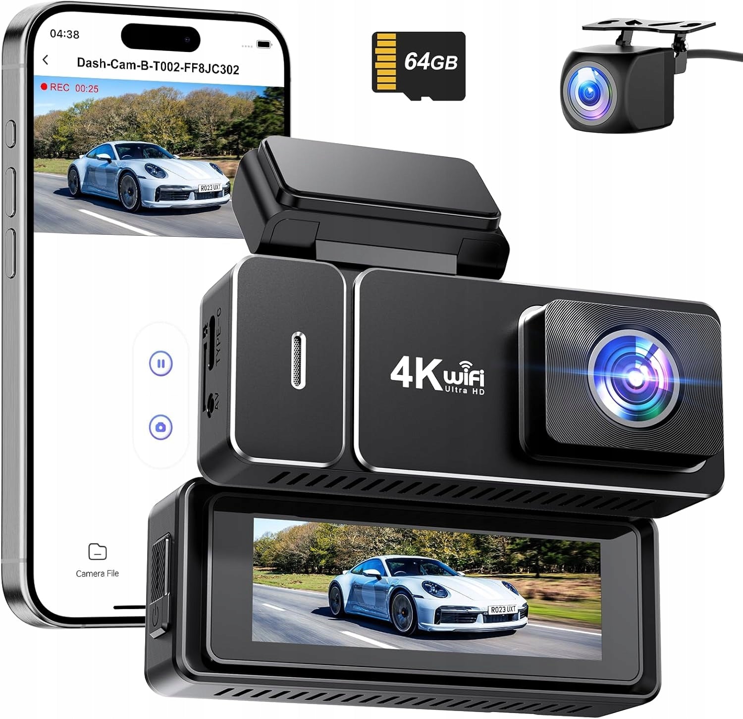 CAR CAMERA FRONT REAR 4K +1080P Dash Camera CHORTAU B-T002