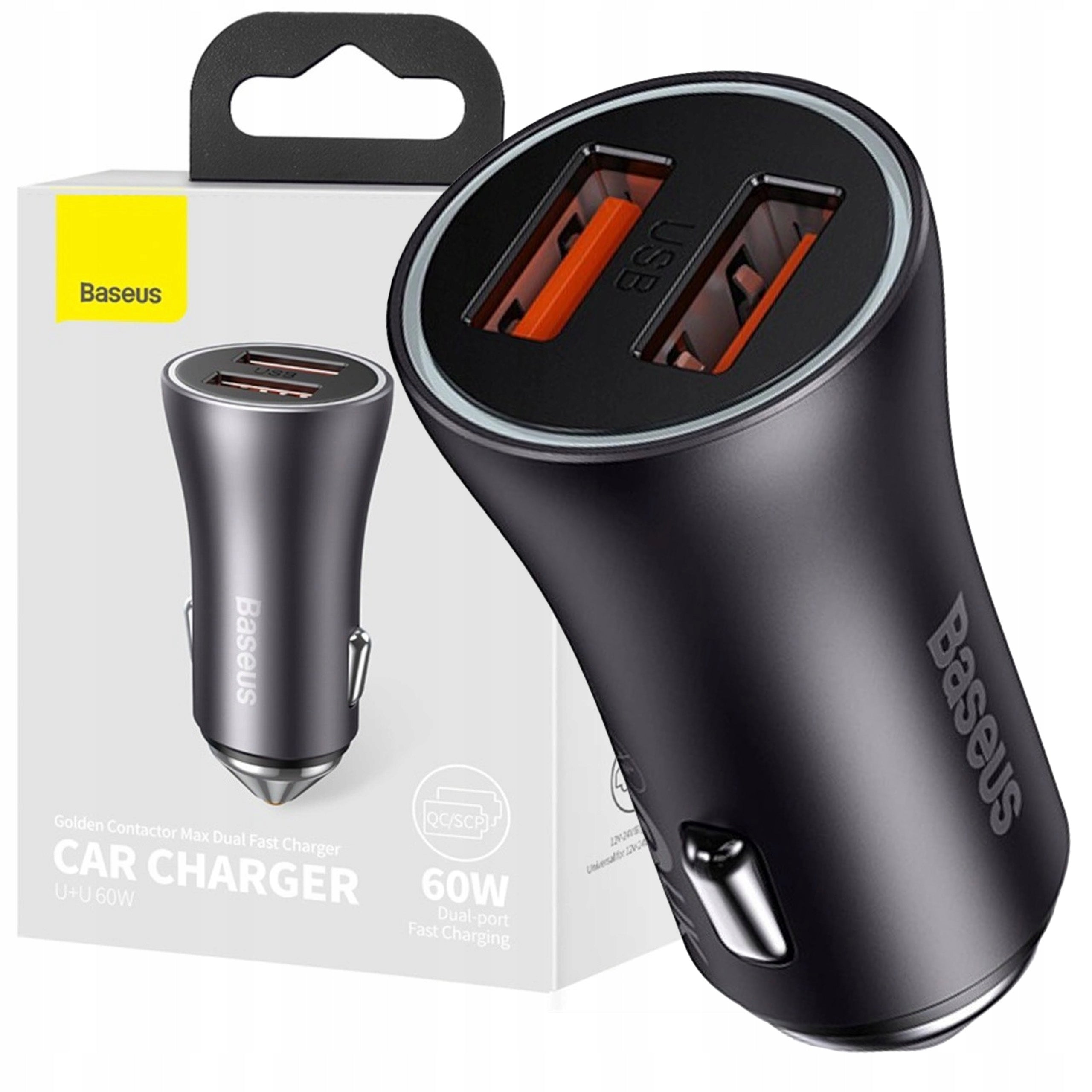 CAR CHARGER BASEUS 2x USB-A 60W FAST FOR TABLET PHONE METAL