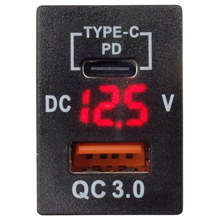 CAR CHARGER MOUNTING USB 12V-24V QC3.0 PD RED VOLTMETER Color black