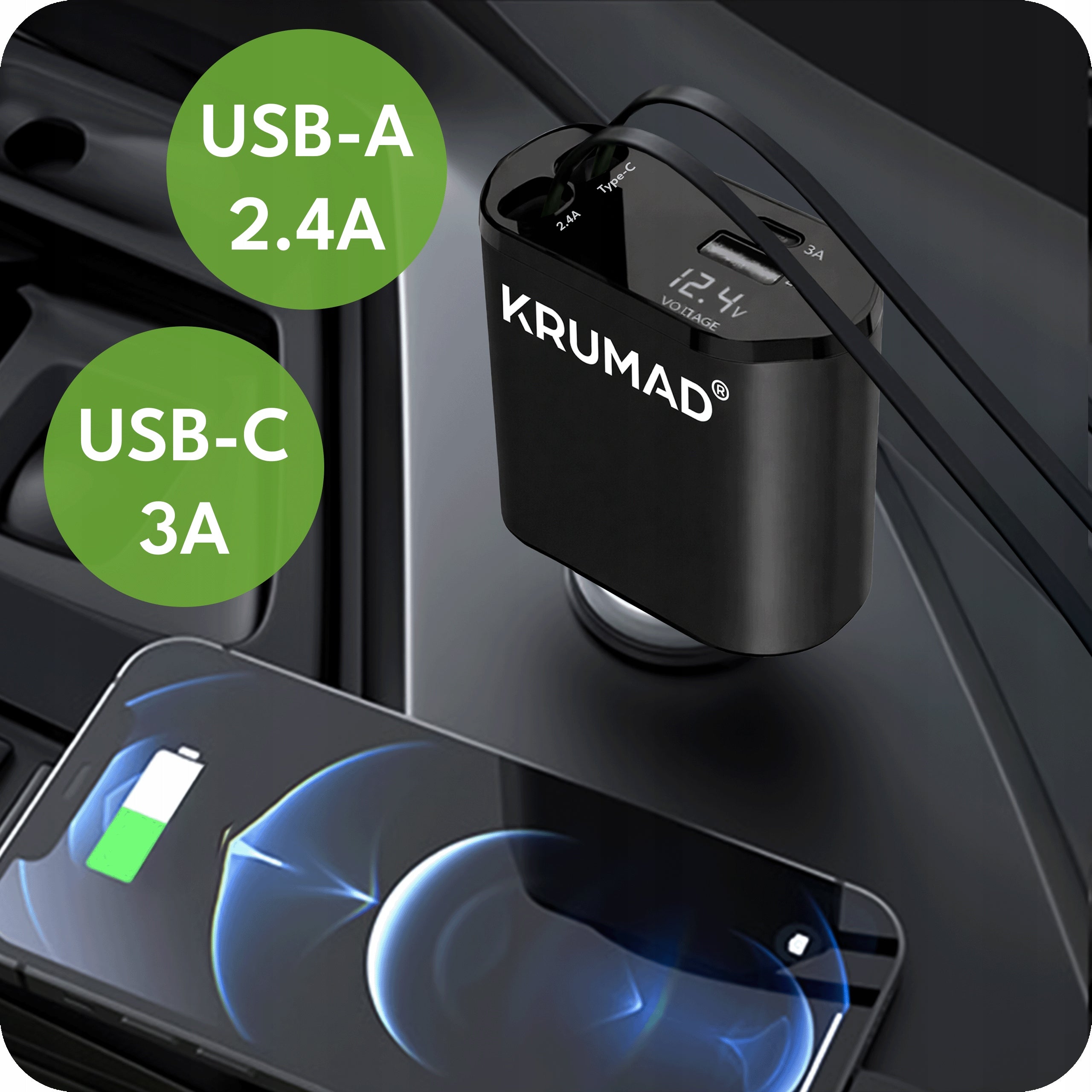 CAR CHARGER USB C 4IN1 WITH CABLES RETRACTOR 120W FAST CHARGING Manufacturer code ŁADOWARKA SAMOCHODOWA 4W1 1200w SZYBKA LED
