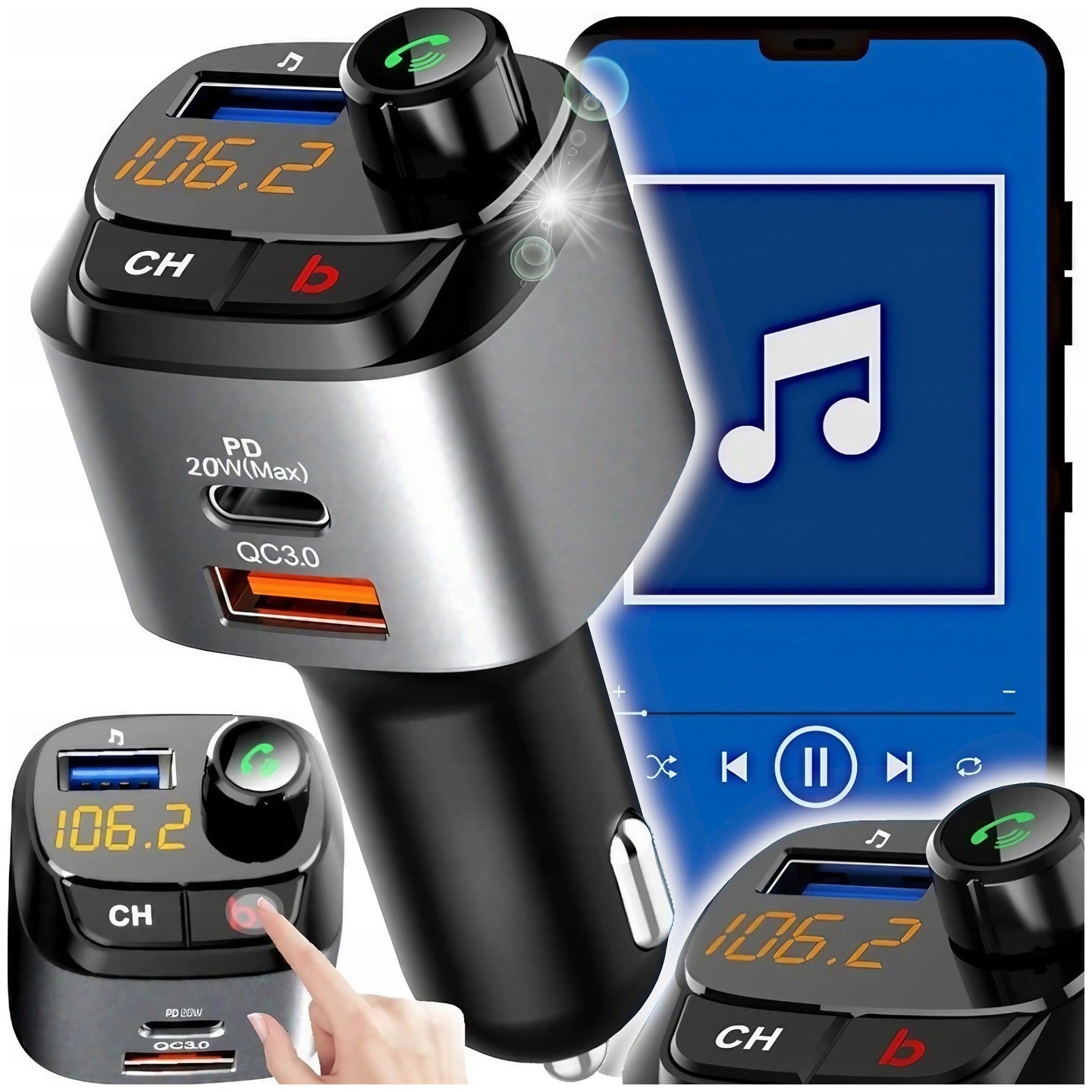 CAR FM TRANSMITTER HANDSFREE BT5.0 3xUSB QC3.0 BASS BOOST