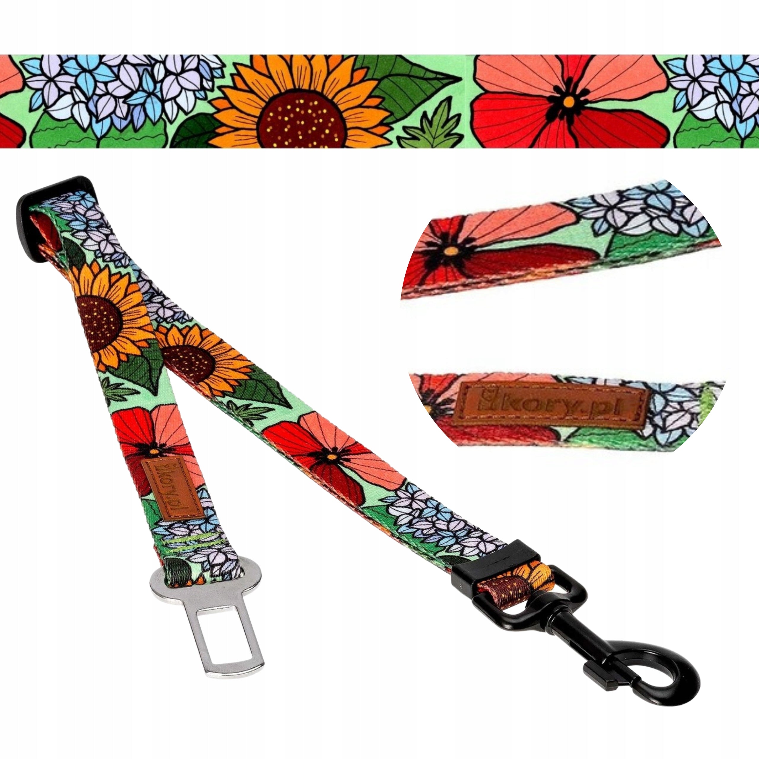 CAR LEASH FOR DOG 25 mm 45-75 cm Ukory print FLOWERS poppies