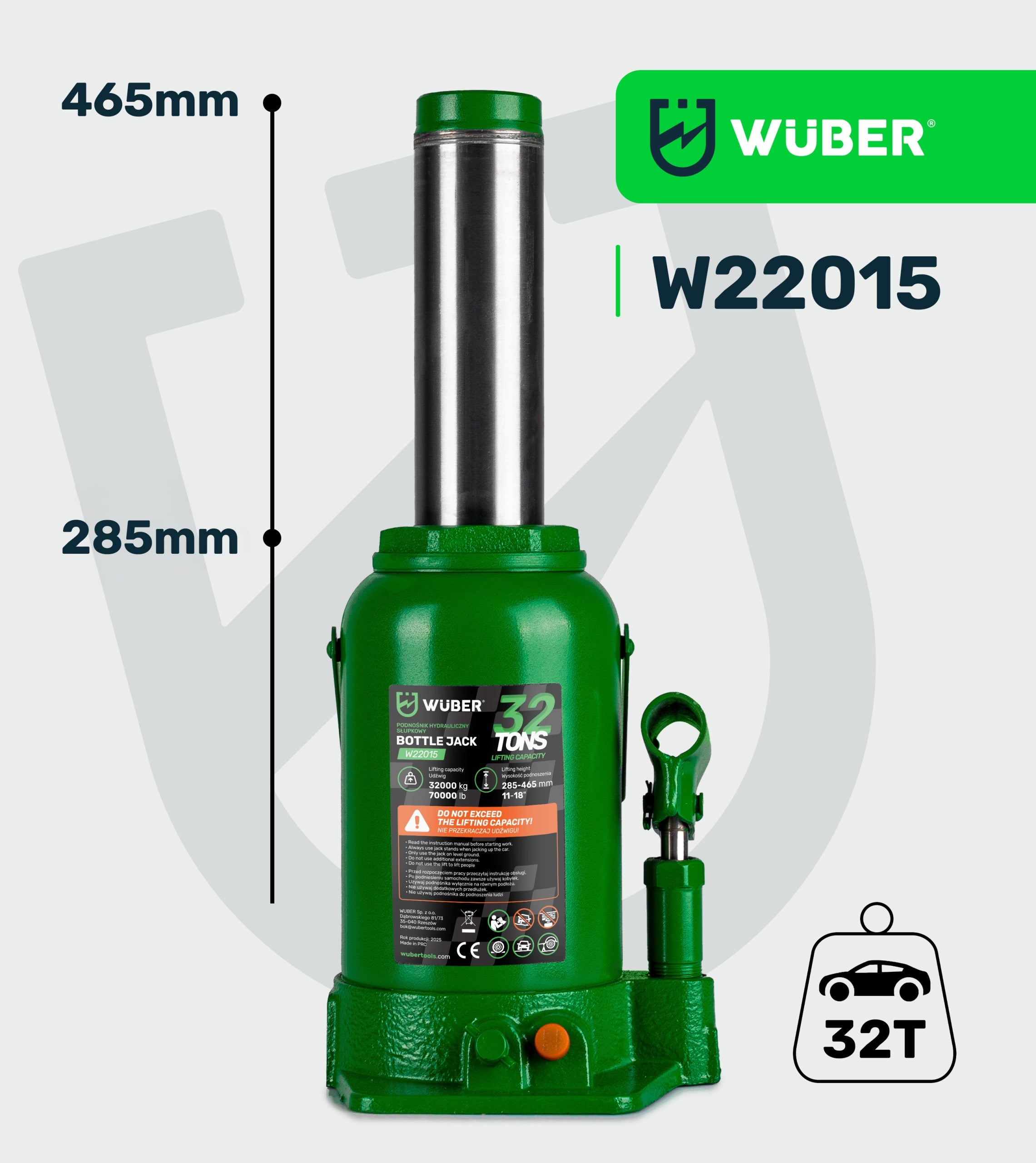 CAR LIFT 285-465 MM POST HYDRAULIC JACK VALVE 32 TONS Brand Wuber