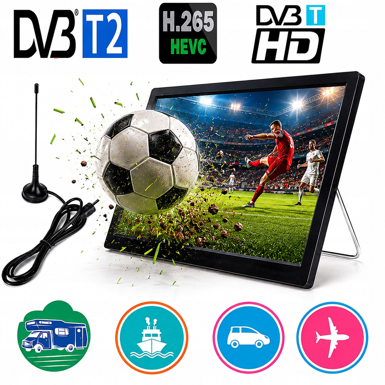 CAR PORTABLE TV 14" 12V/24V/230V DVB-T2 MOTORHOME Packaging status original