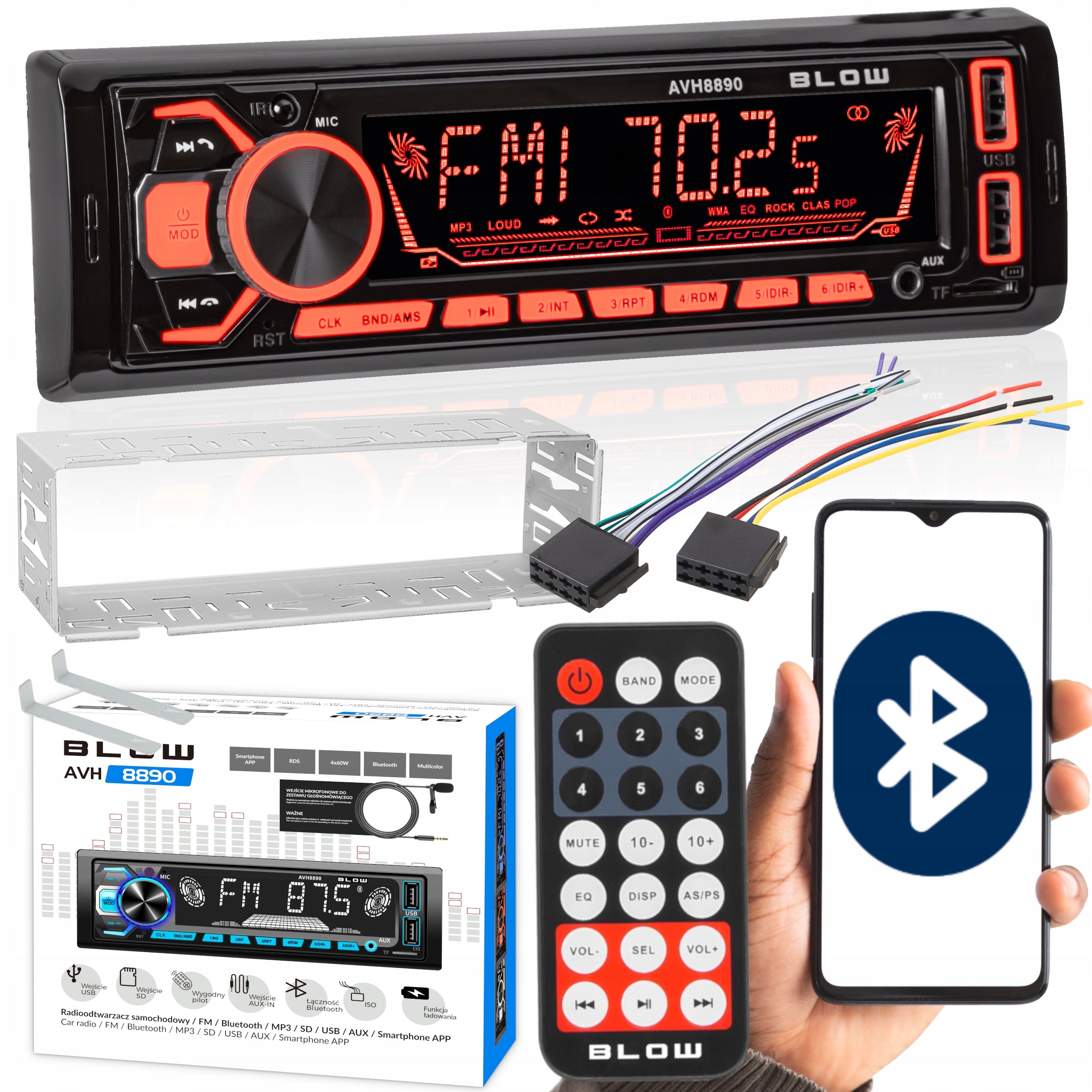 CAR RADIO 1-DIN BLUETOOTH USB SD COLORS REMOTE CONTROL KIT