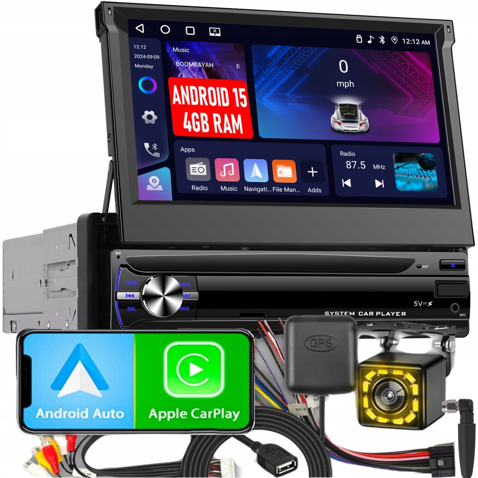 CAR RADIO 1DIN 7'' CARPLAY ANDROID WIFI RDS RETRACTABLE SCREEN 4GB RAM