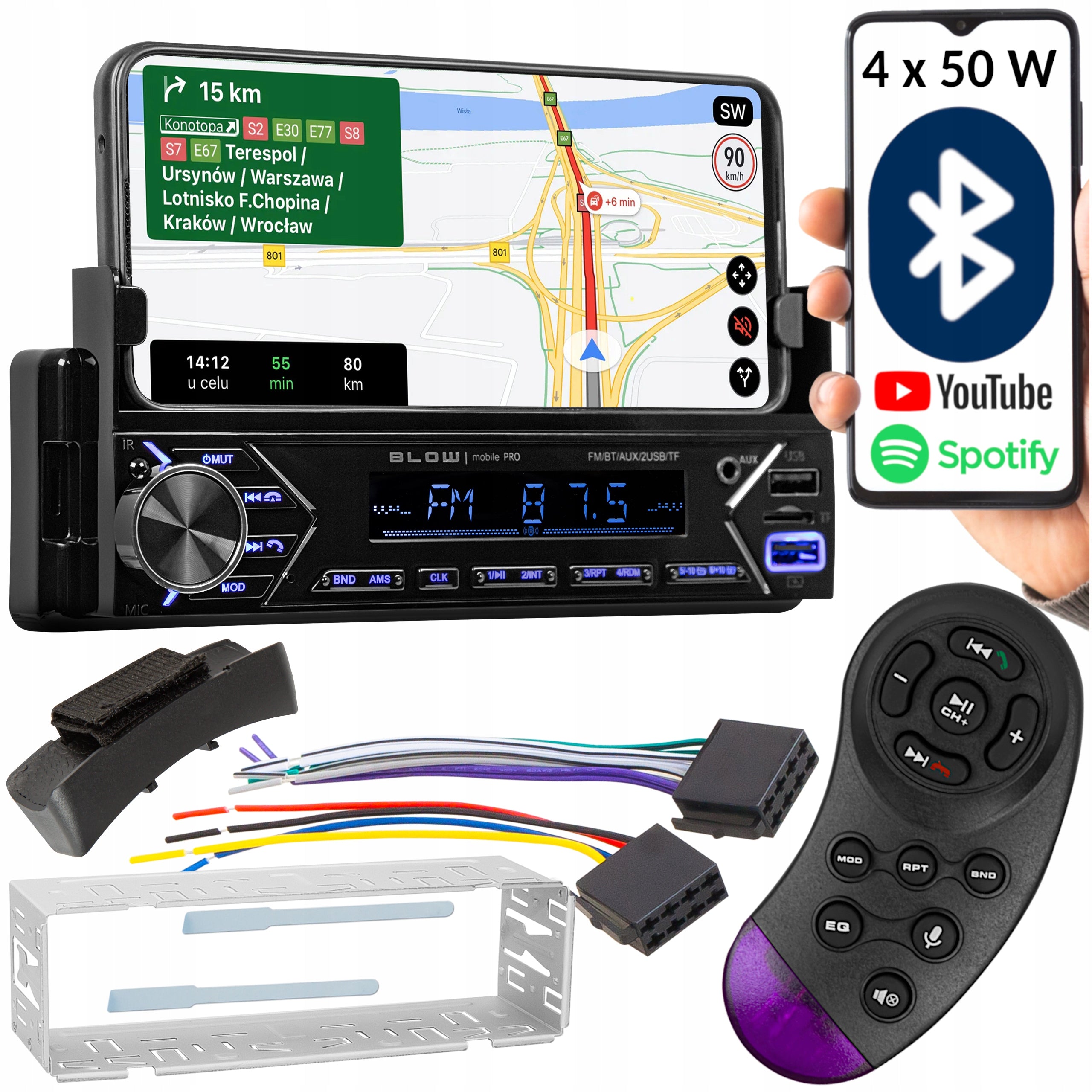 CAR RADIO BLUETOOTH 1-DIN RDS USB AUX SD PHONE HOLDER REMOTE CONTROL