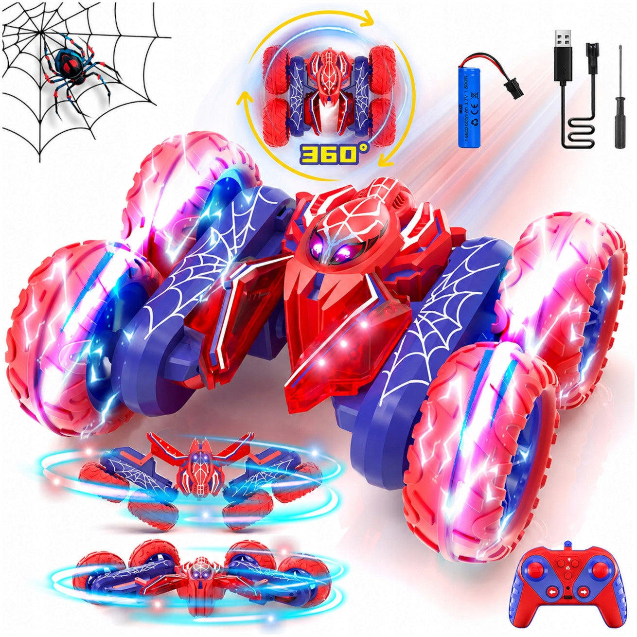 CAR REMOTE CONTROLLED RC STUNT CAR AUTO SPIDER FAST 4X4 360 REMOTE CONTROL LED
