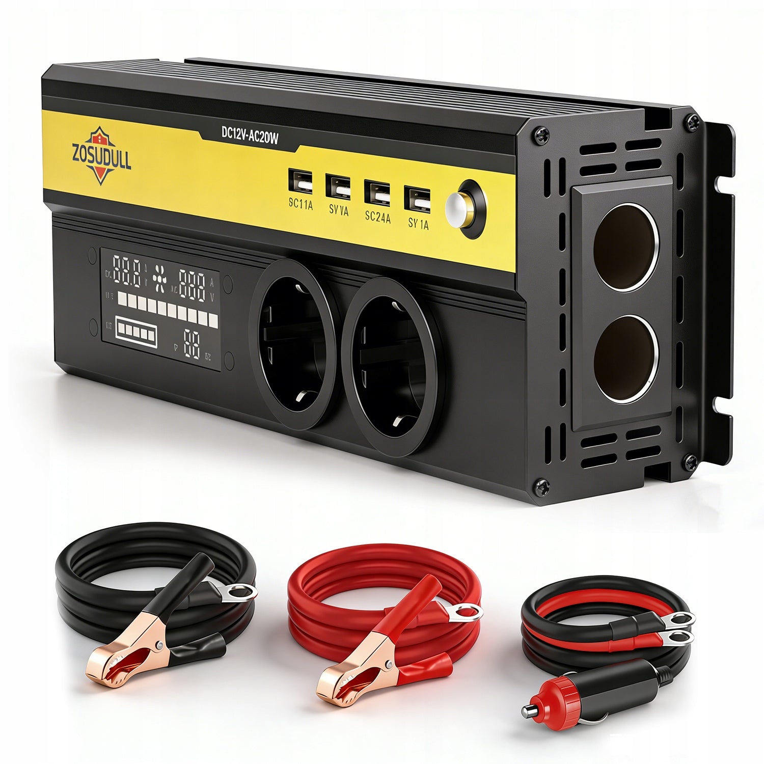 CAR VOLTAGE CONVERTER WITH LCD SCREEN 12V 230V 1250W 2500W + 4x USB Brand Zosudull