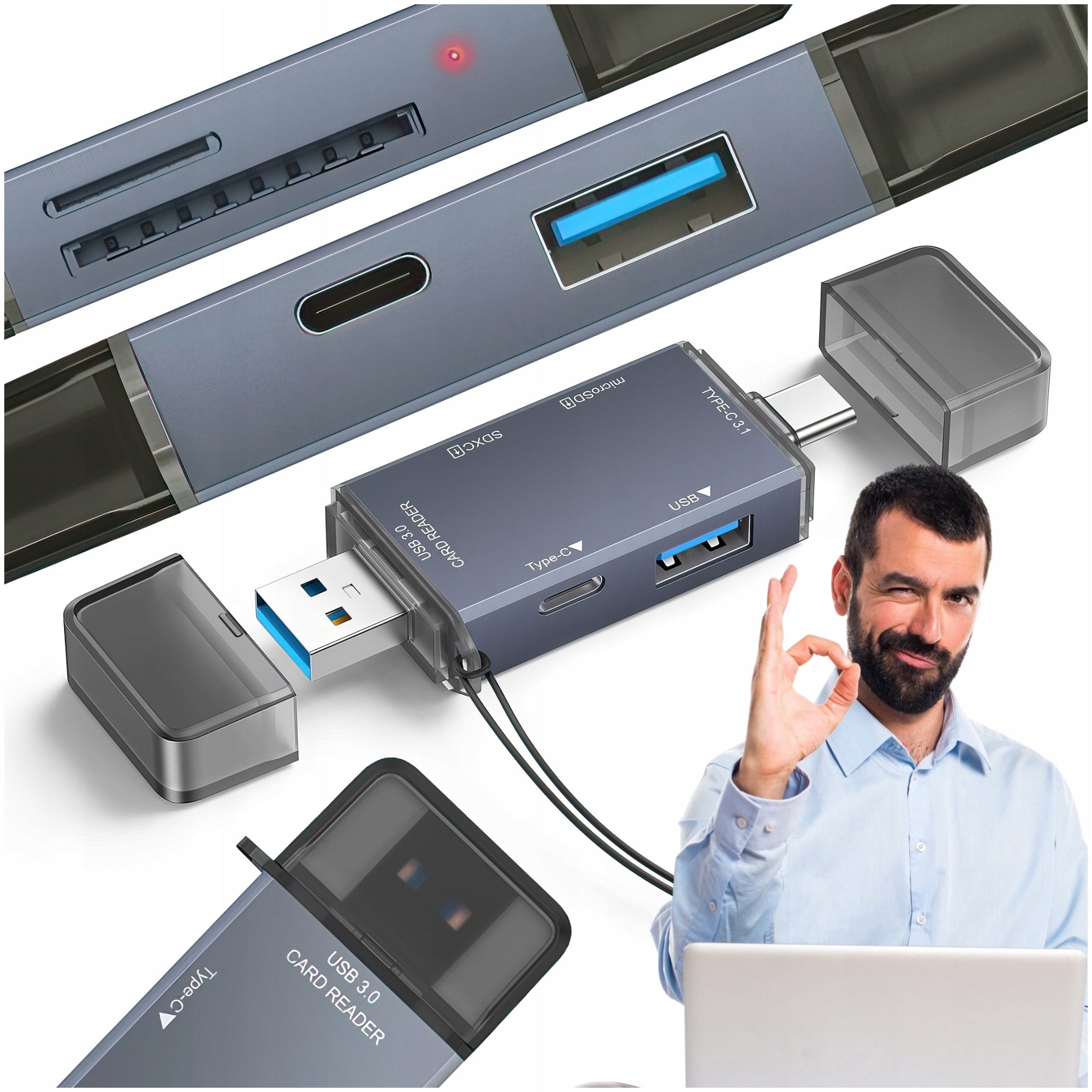 CARD READER SD TF MICROSD MEMORY USB-C USB 3.0 HUB ACTIVE ADAPTER 6IN1