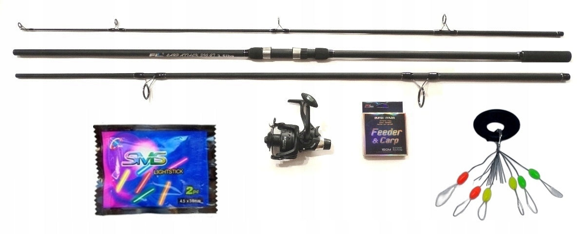 CARP FISHING ROD 3 PIECES 3.9 M REEL 10 BALL + LINE + FLIGHTS + STOP WATCHES