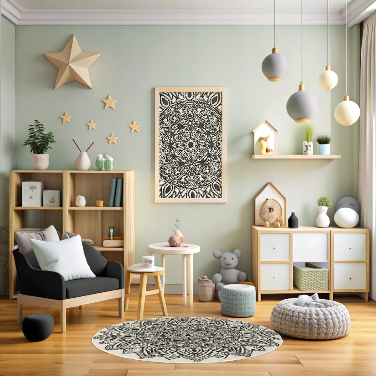 CARPET WHITE BLACK ROUND FOR LIVING ROOM BOHO MANDALA ROSETTE LIMA D. 100 cm Brand Akcila