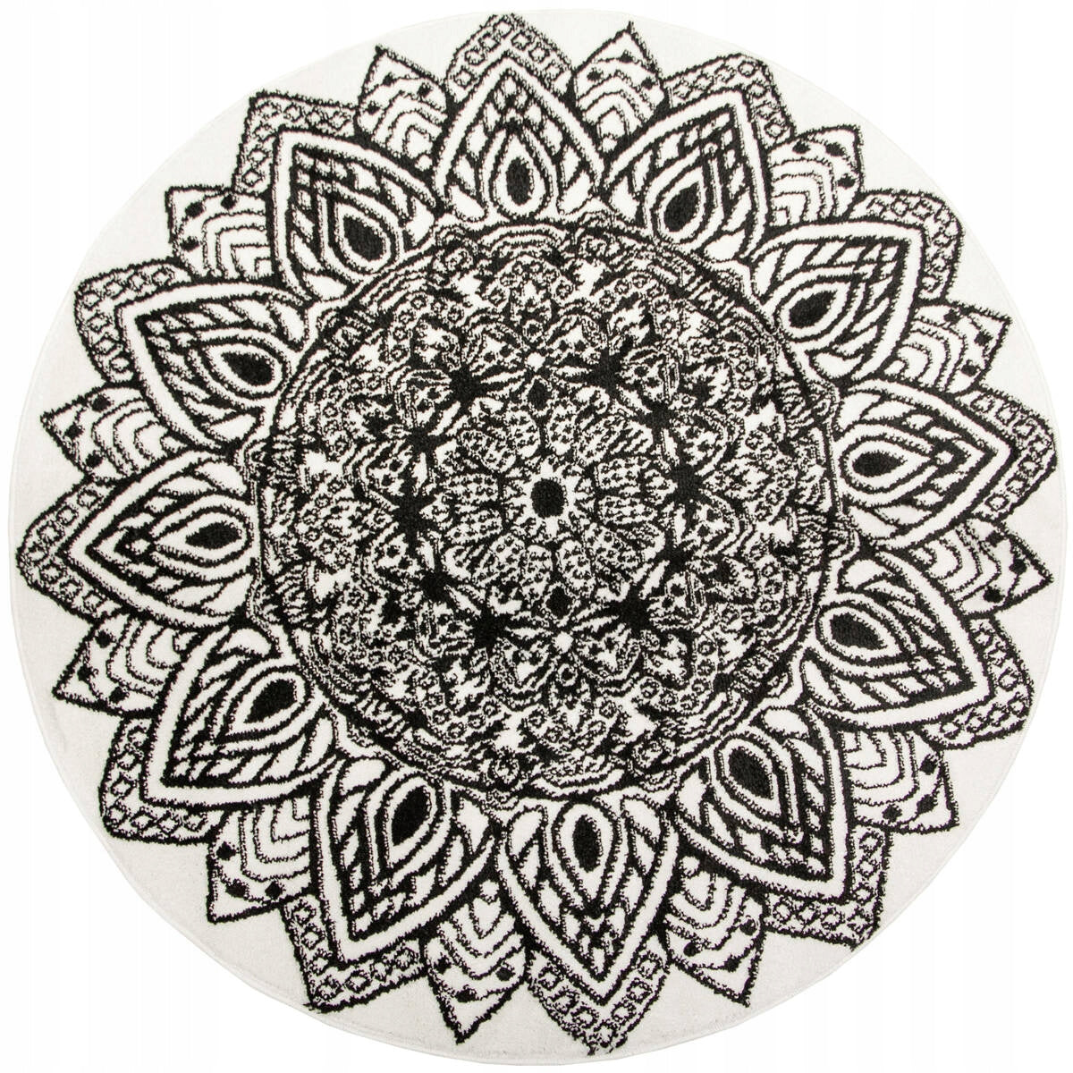 CARPET WHITE BLACK ROUND FOR LIVING ROOM BOHO MANDALA ROSETTE LIMA D. 100 cm