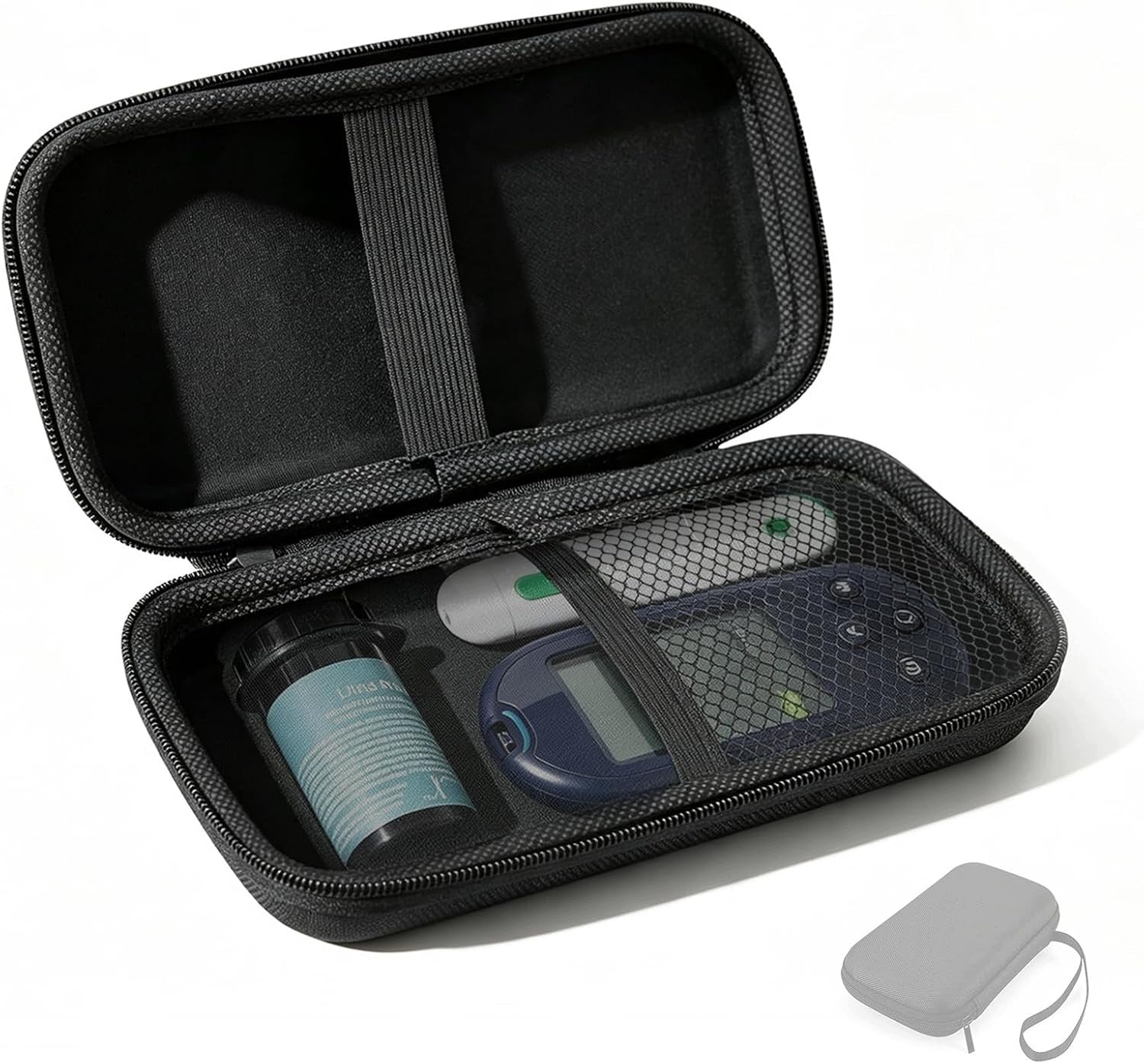 CASE ORGANIZER GLUCOSE METER HARD EVA BLACK ZIPPER FASTENING STRAPS