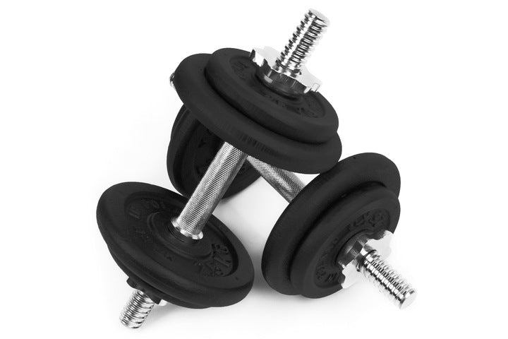 CAST IRON DUMBBELLS 2x10kg adjustable metal necks 28mm load set 20kg Brand SportForFun