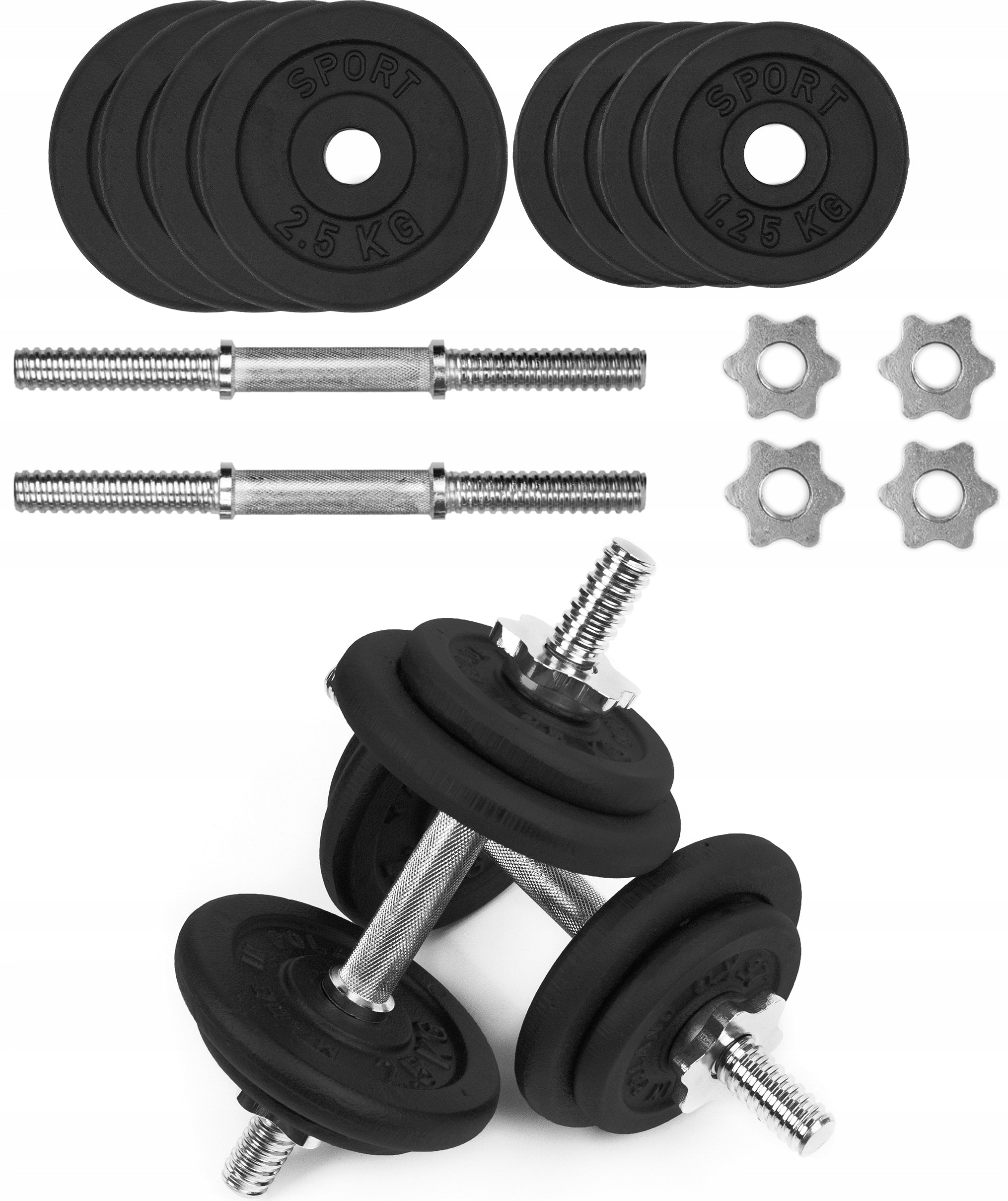 CAST IRON DUMBBELLS 2x10kg adjustable metal necks 28mm load set 20kg
