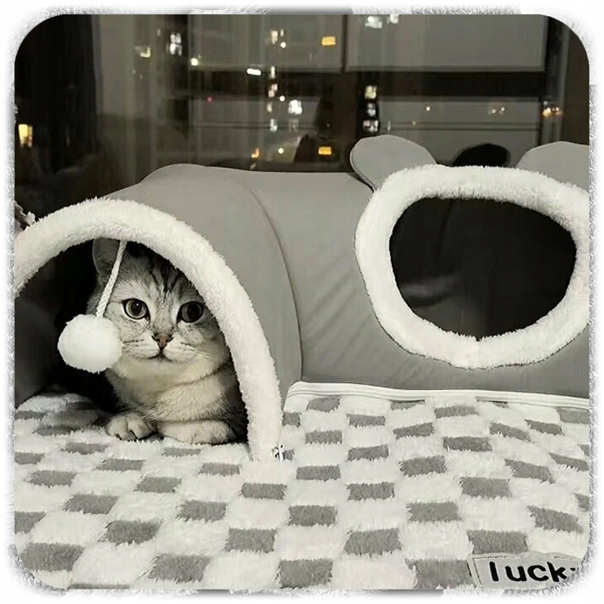 CAT BED WITH TUNNEL 2IN1 PLUSH CHESSBOARD GREY XXL 86x70x26 Trade name legowisko dla kota z tunelem 2w1