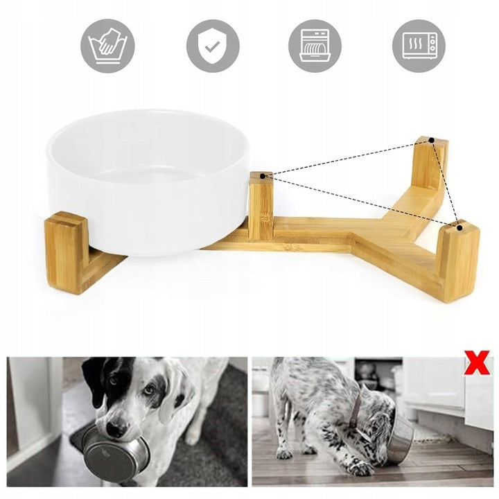 CAT DOG BOWLS DOUBLE ON BAMBOO STAND CERAMIC WHITE SET Capacity 0.4 l