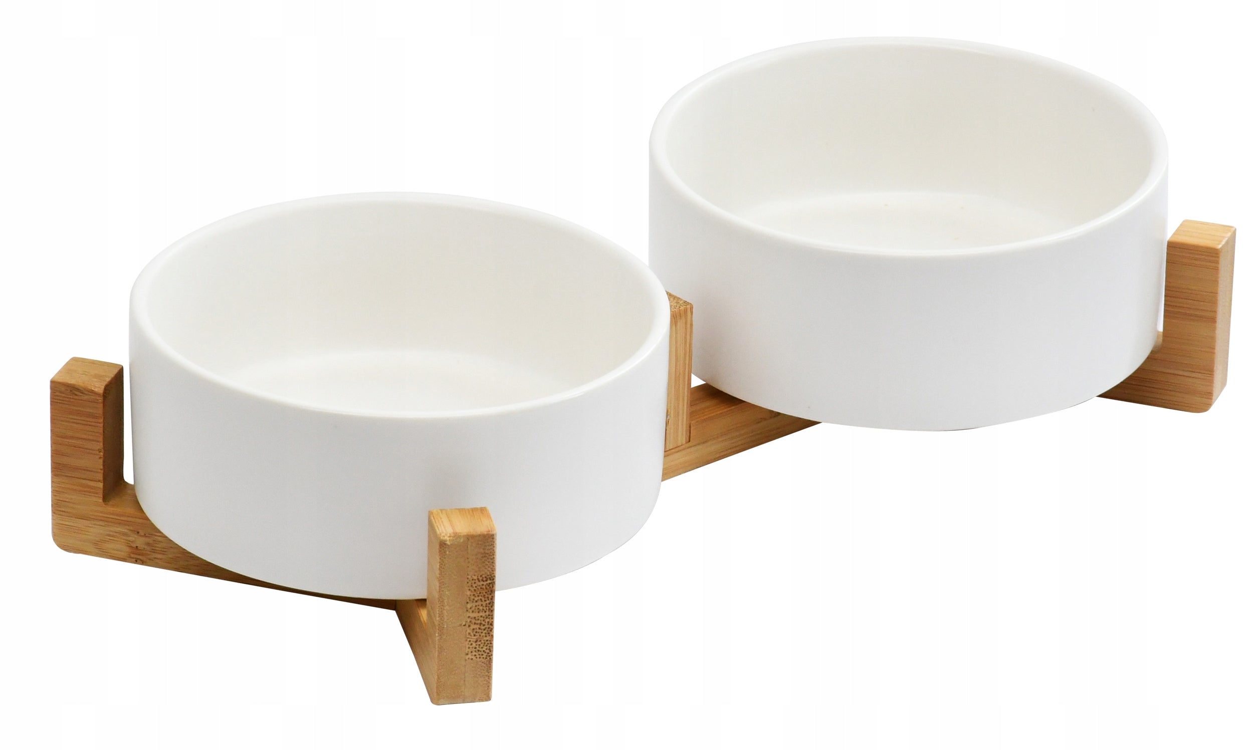CAT DOG BOWLS DOUBLE ON BAMBOO STAND CERAMIC WHITE SET Manufacturer code HOM-02871