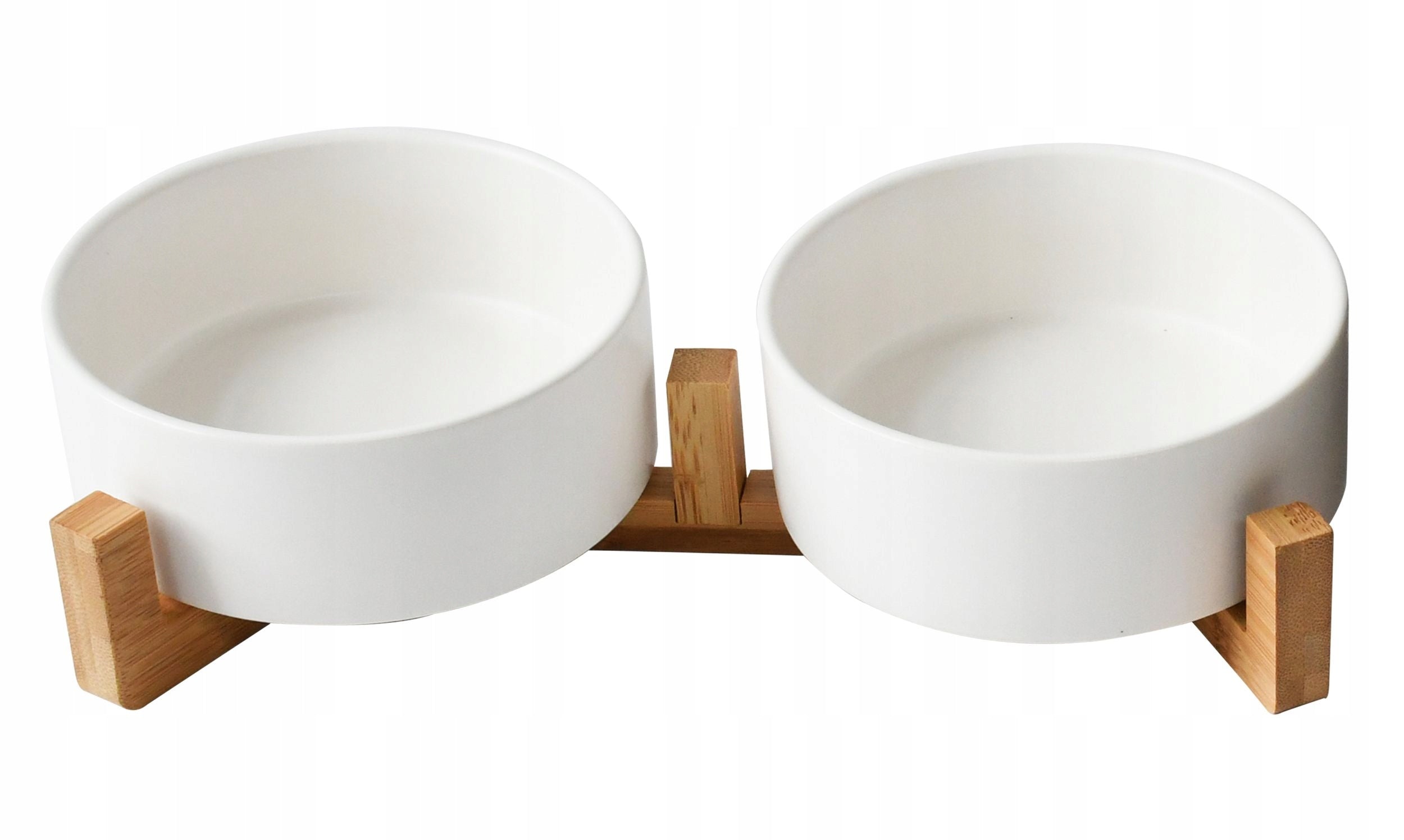 CAT DOG BOWLS DOUBLE ON BAMBOO STAND CERAMIC WHITE SET Packaging status original