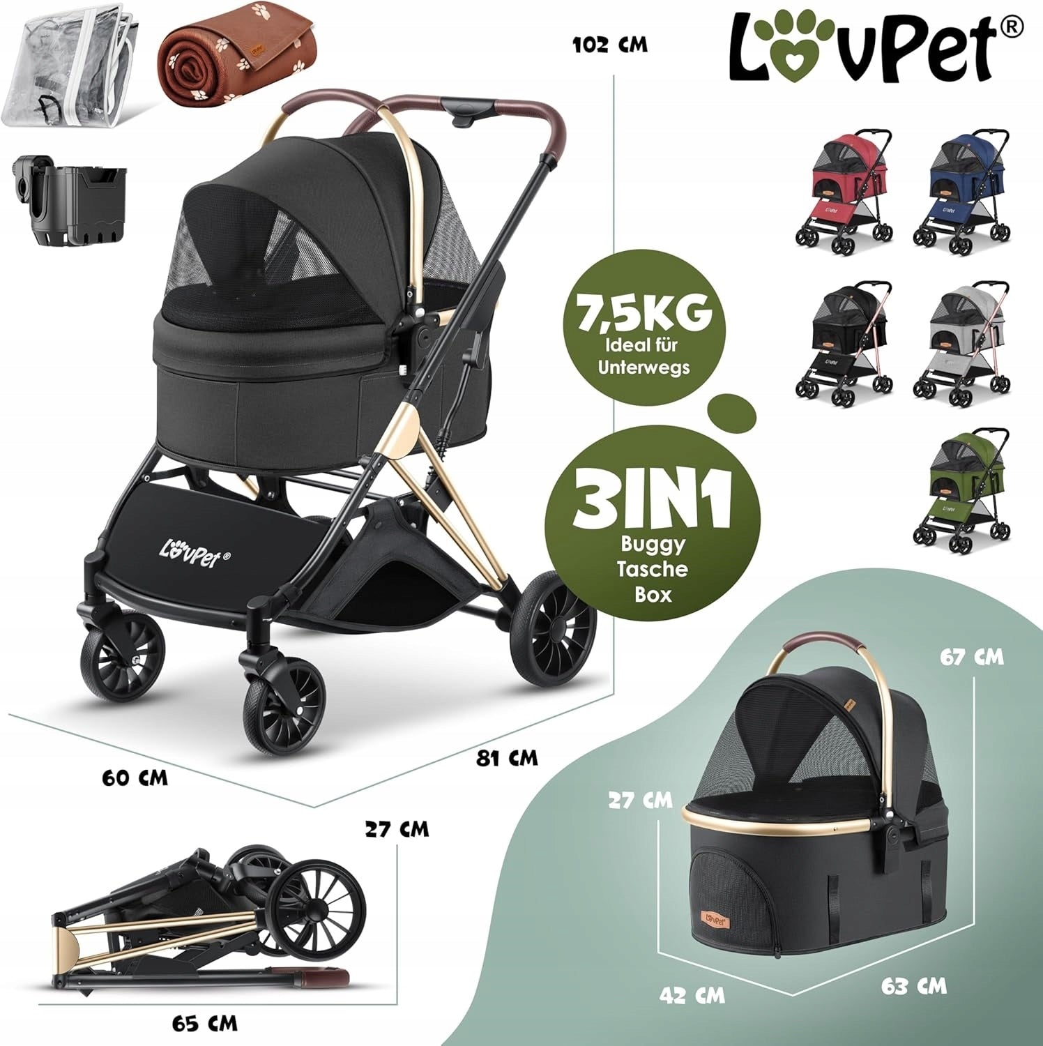 CAT DOG STROLLER LOVPET 3in1 UP TO 20KG FOLDING WITH BAG (1237) Brand no brand
